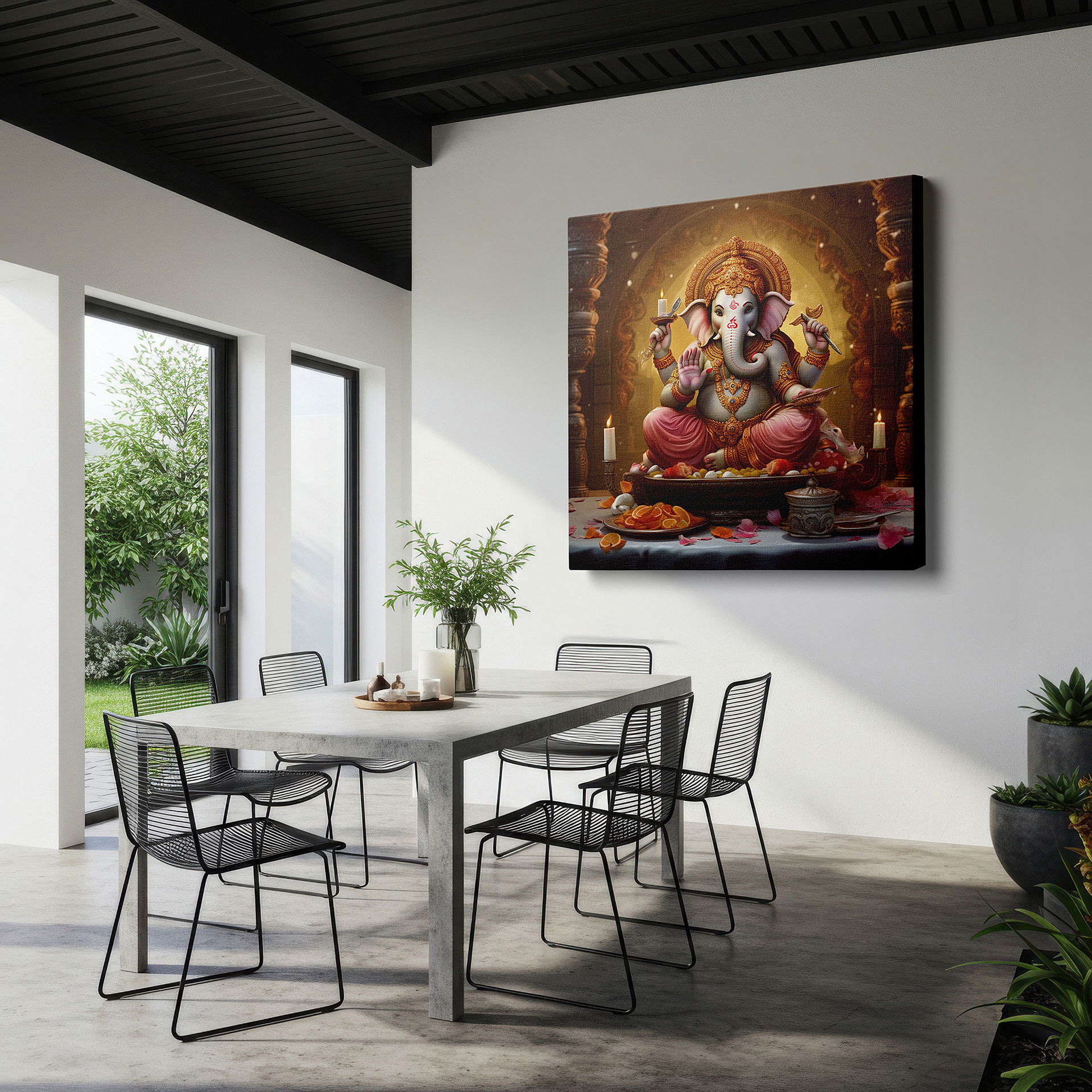 Aligned with a curated gallery wall of abstract artworks — wall decor: large canvas featuring lord ganesh, the remover of