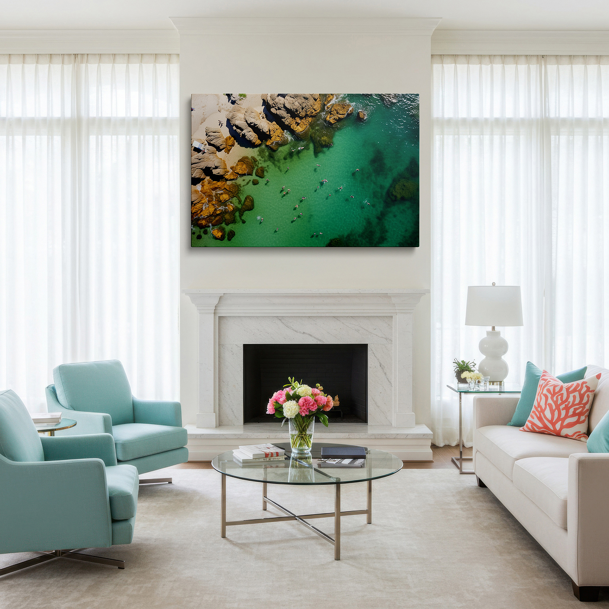 Aligned with a curated gallery wall of abstract artworks — wall decor: serene turquoise waters and tranquil shores - aerial view of nature's harmony 