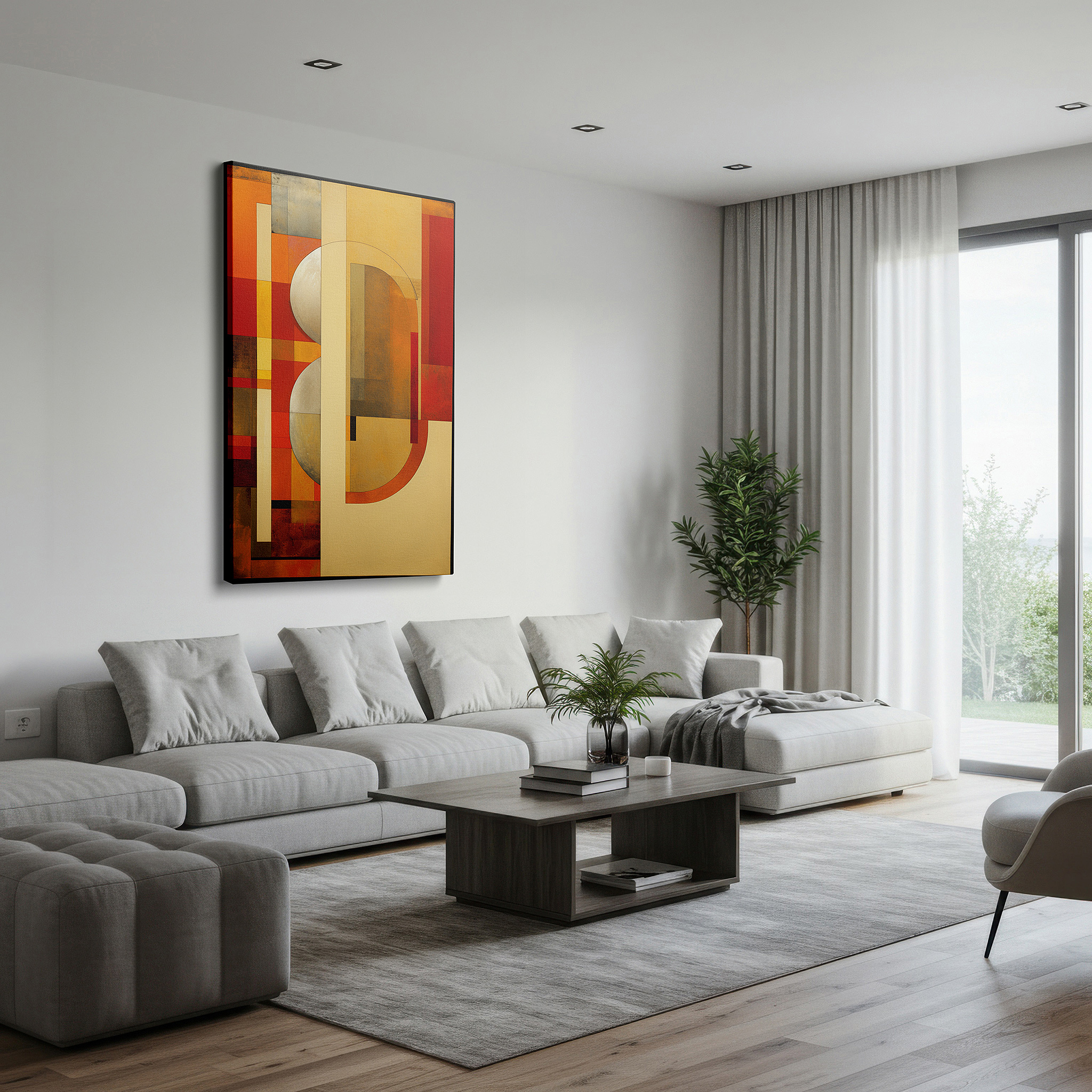 Aligned with a curated gallery wall of abstract artworks — warm earthy tones in geometric harmony: a soothing mix of structure and spontaneity - large canvas wall art for office decor