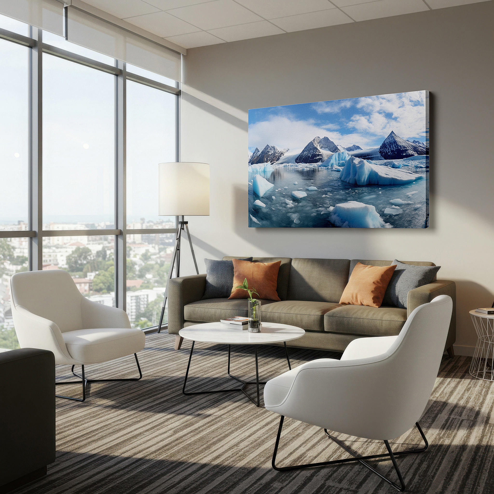 Aligned with a curated gallery wall of abstract artworks — winter dawn over snow-capped mountains and reflective lake large canvas wall art for office, bedroom, and living room decor