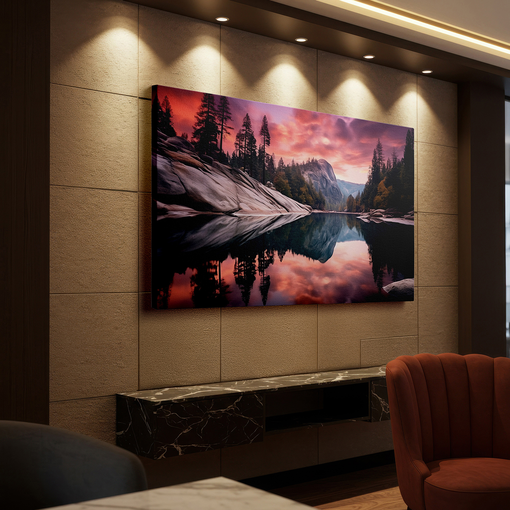 Aligned with a curated gallery wall of abstract artworks — yosemite valley sunset reflections wall art: featuring granite cliffs & serene waters - large canvas for home and office decor, ideal for living room and bedroom