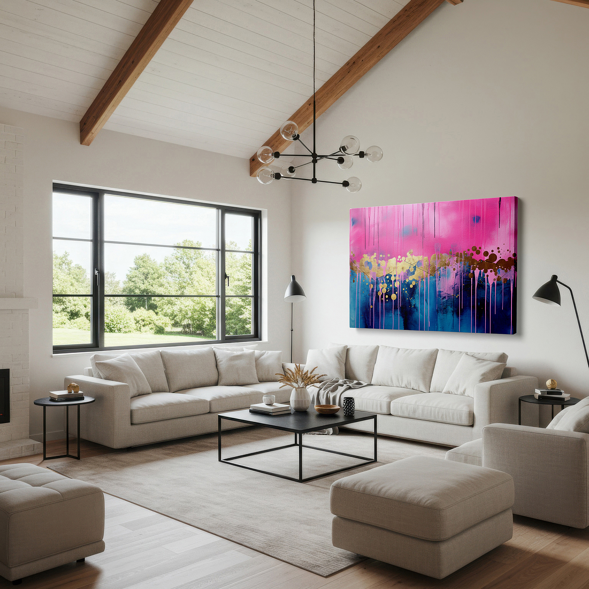 Available in 30×20 cm — a subtle addition to small personal spaces — abstract expressionist large wall art featuring dynamic harmony of pink and gold splashes, ideal for office and bedroom decor