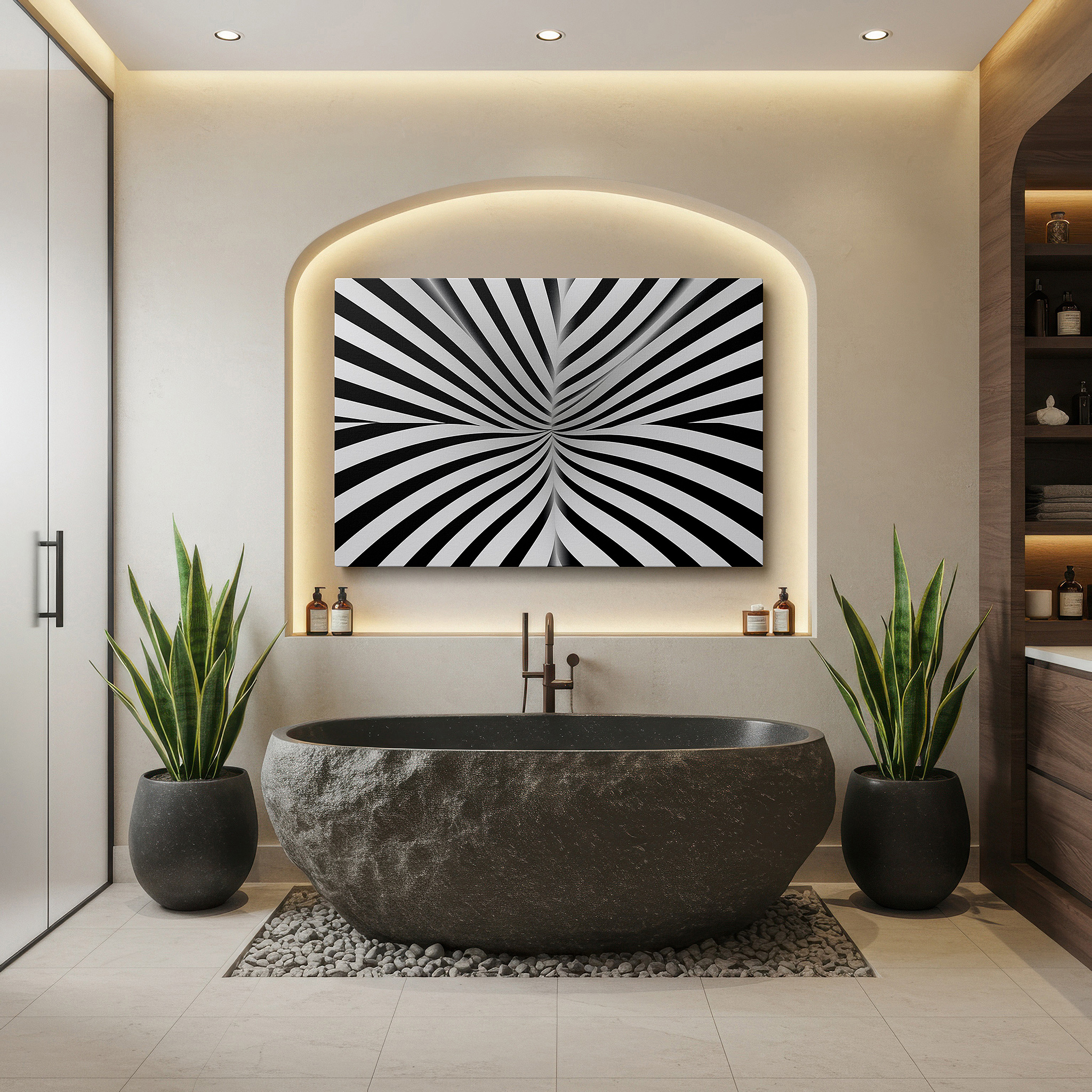 Available in 30×20 cm — a subtle addition to small personal spaces — black and white hypnotic spiral, dynamic abstract vortex canvas, inspiring large wall art for office decor