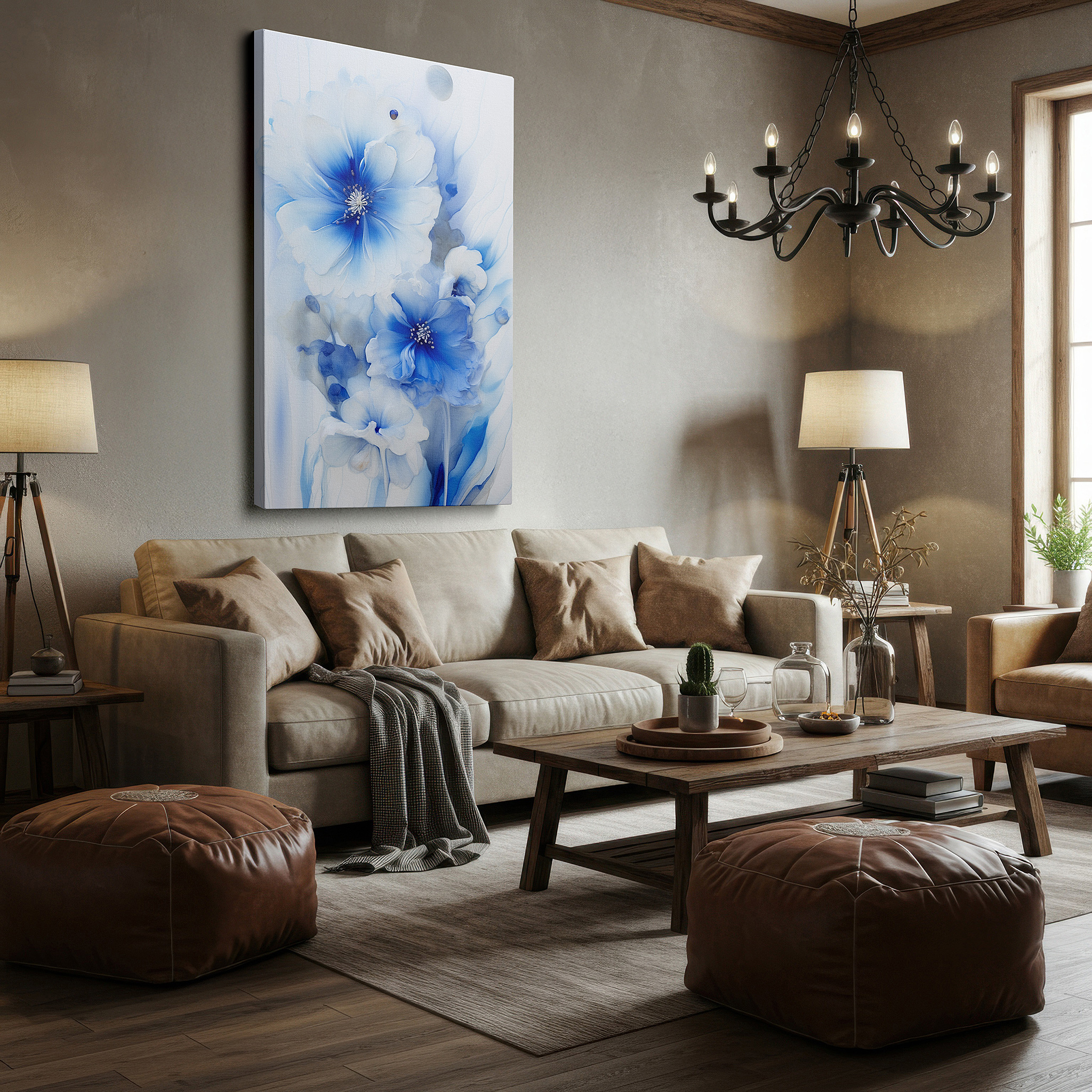 Available in 30×20 cm — a subtle addition to small personal spaces — blue blooms on abstract background: serene large wall art for office and bedroom decor, canvas wall art