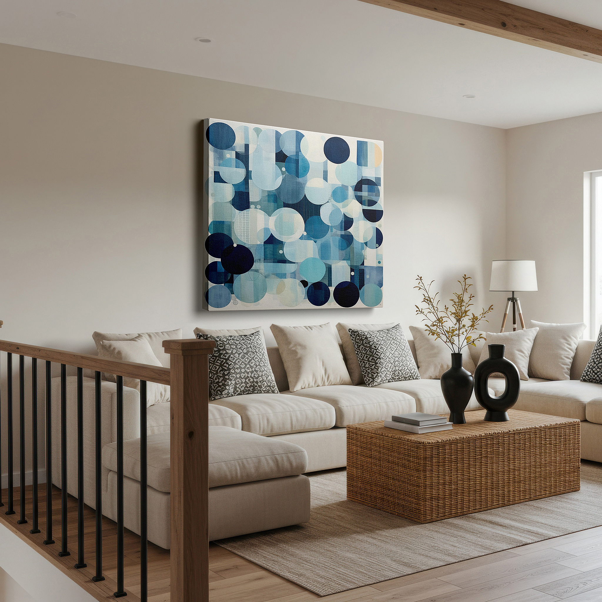 Available in 30×20 cm — a subtle addition to small personal spaces — blue and white harmonious circles, symbolizing unity and serenity, large canvas wall art for office decor