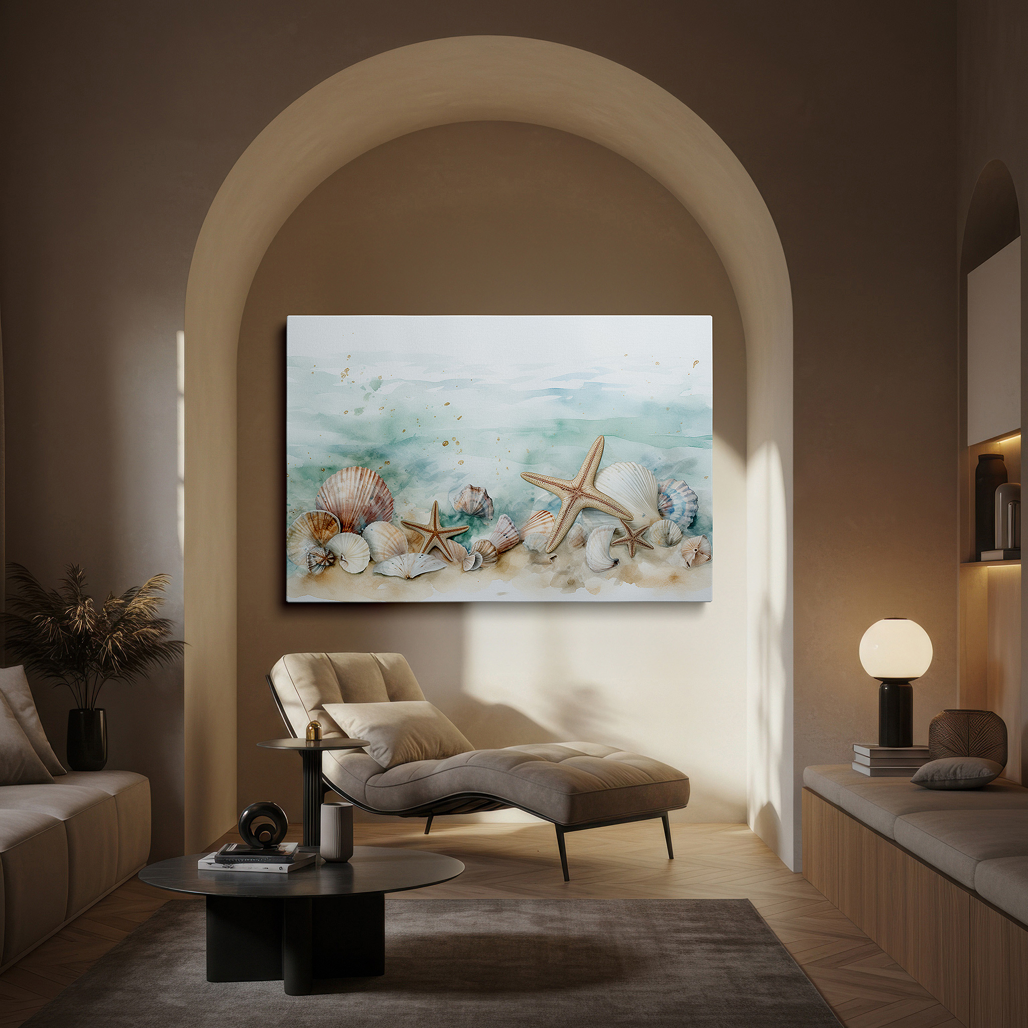 Available in 30×20 cm — a subtle addition to small personal spaces — coastal charm wall art: featuring meticulously crafted shells and starfish on a sandy background - ideal for living room, bedroom, or office decor