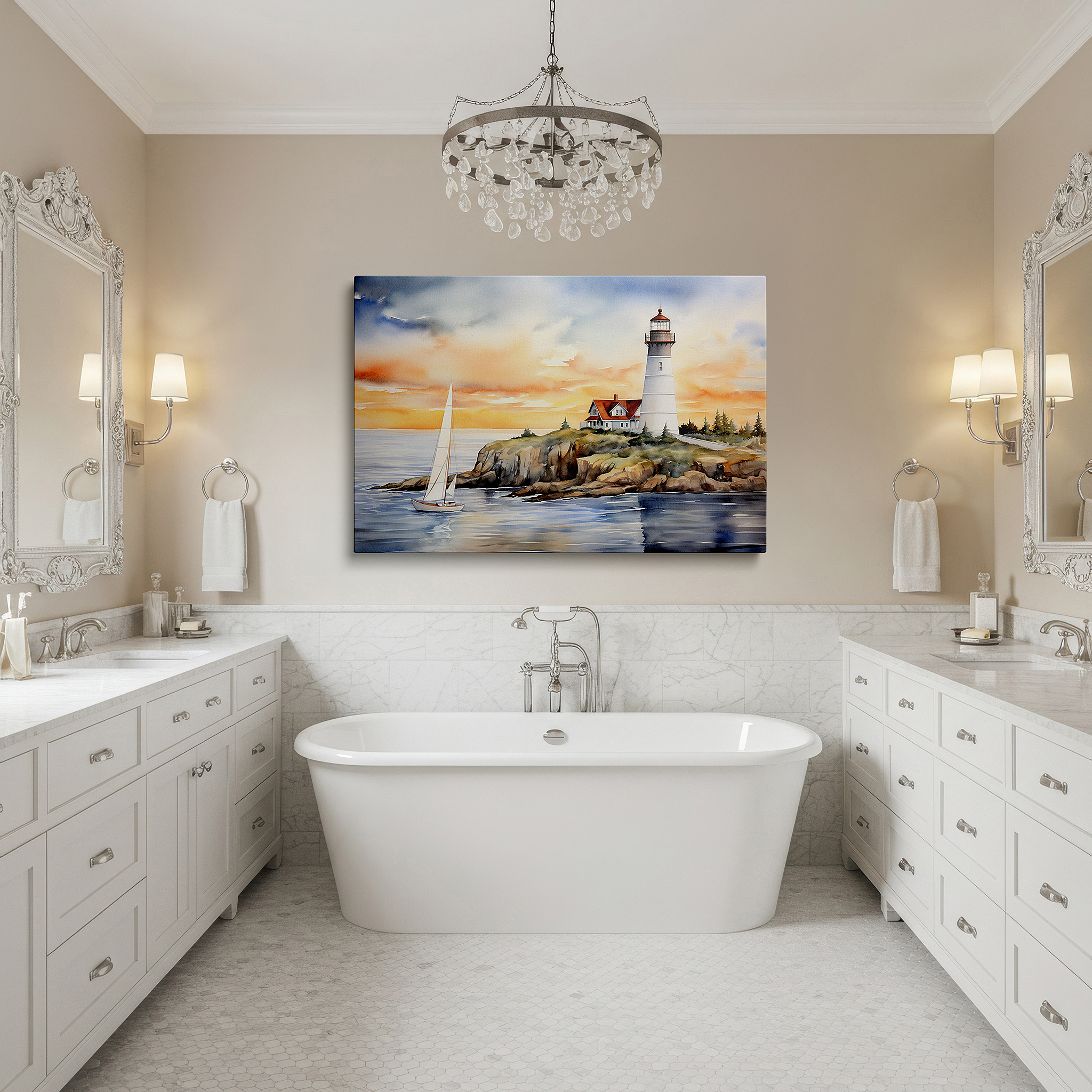 Available in 30×20 cm — a subtle addition to small personal spaces — coastal sunset wall art featuring majestic lighthouse and elegant sailboat - large canvas for home or office decor