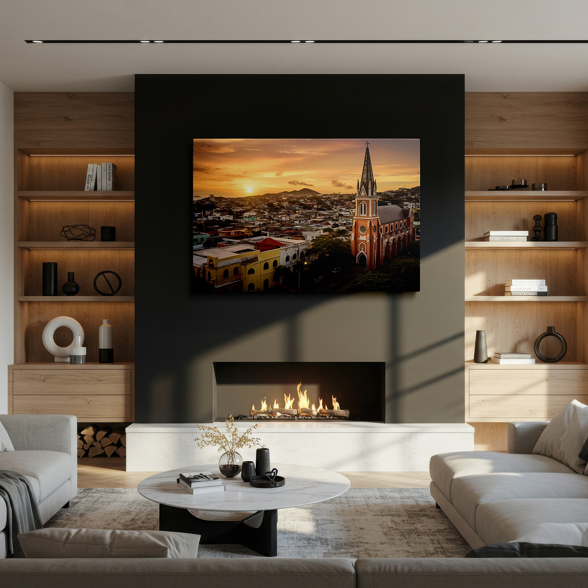Available in 30×20 cm — a subtle addition to small personal spaces — coastal town sunset serenity: fiery hues and tranquil silhouettes - large canvas wall art for home and office decor