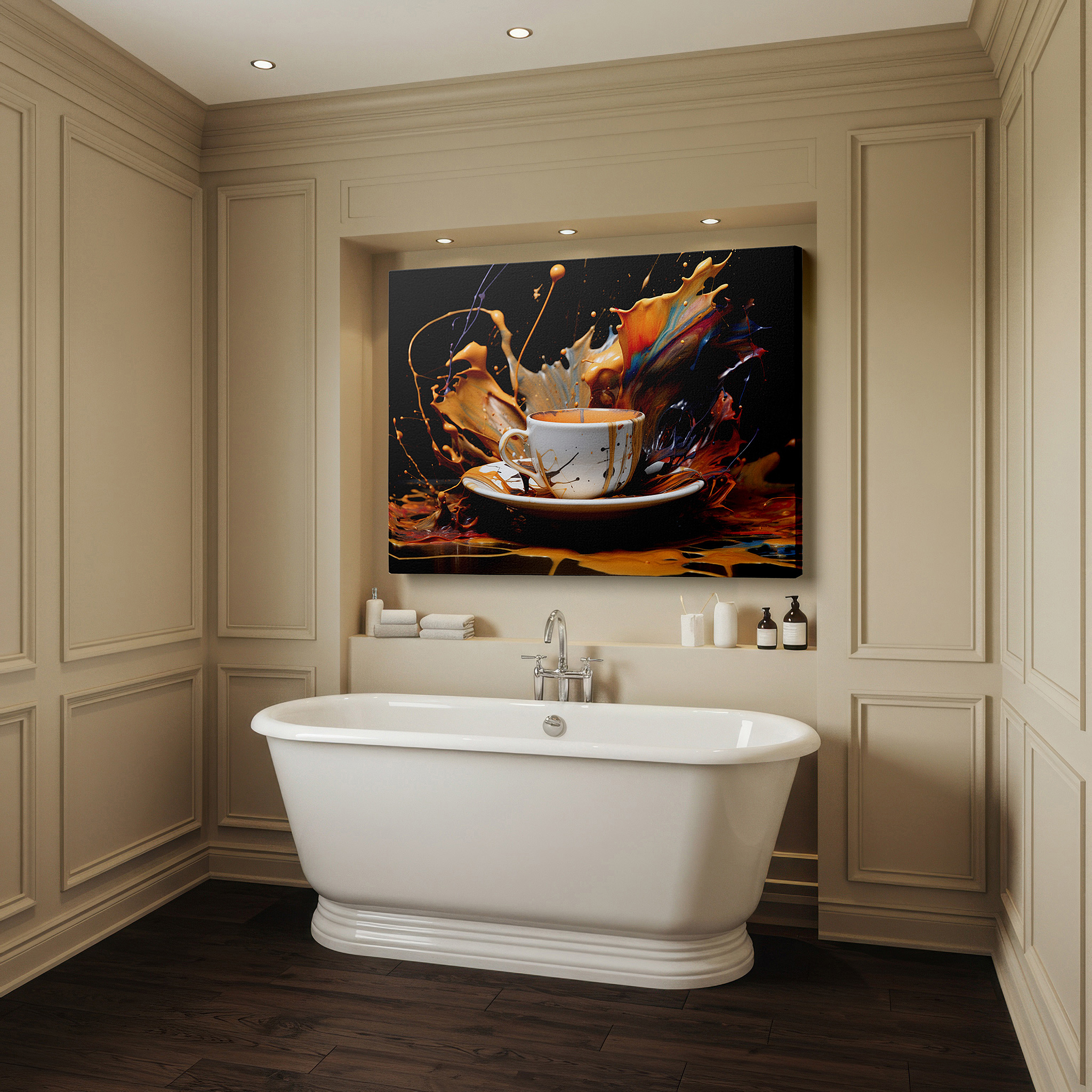 Available in 30×20 cm — a subtle addition to small personal spaces — coffee splash art in warm tones: large canvas wall art for office, bedroom, and living room decor