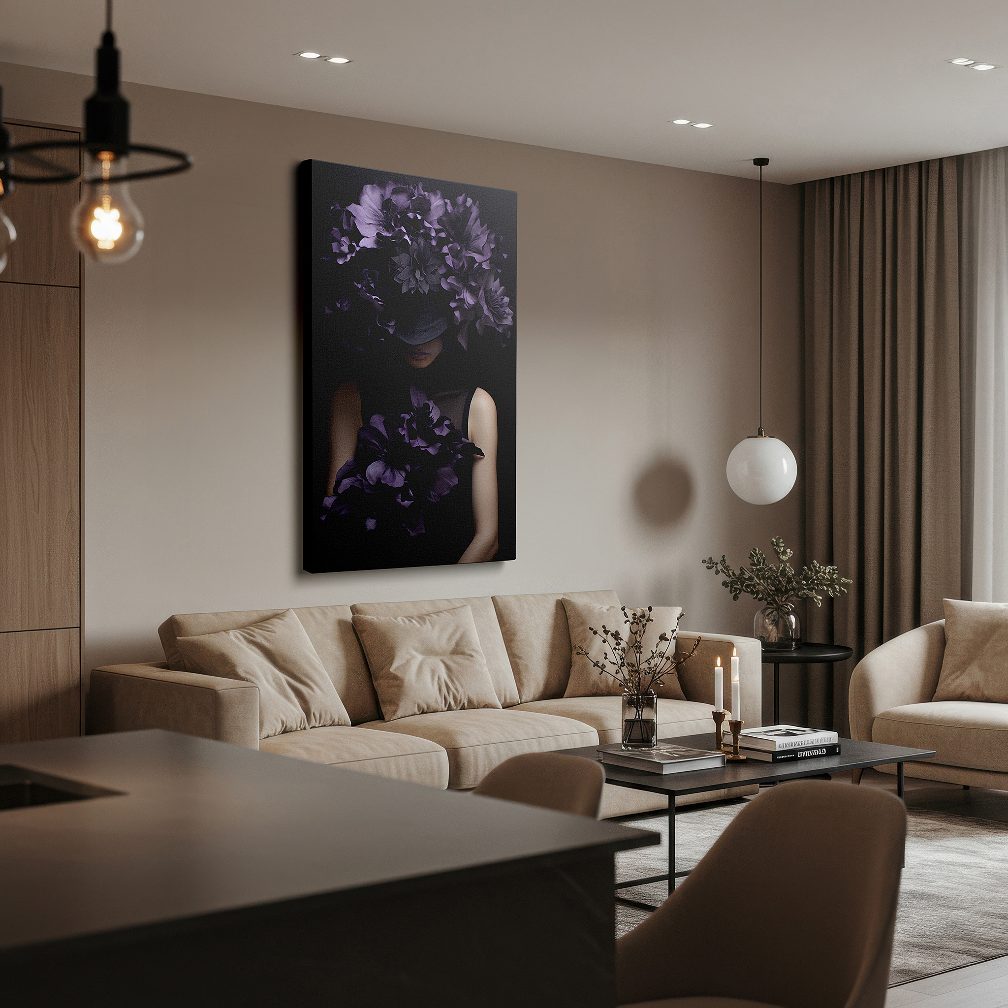 Available in 30×20 cm — a subtle addition to small personal spaces — dark purple flowers and enigmatic model: luxurious fashion-inspired large wall art, canvas decor for office and home