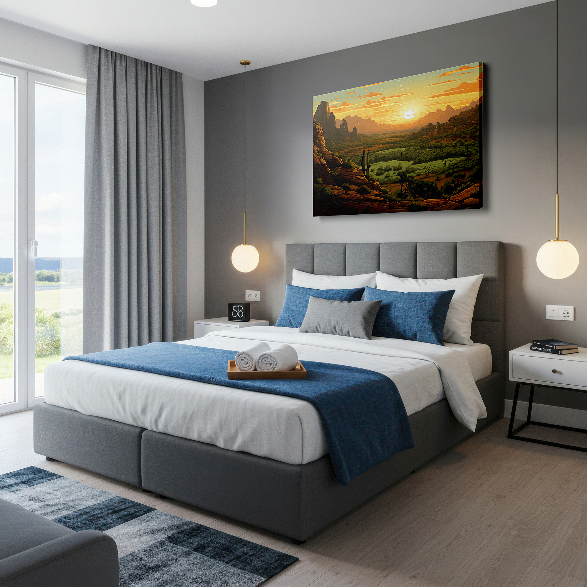 Available in 30×20 cm — a subtle addition to small personal spaces — desert sunset and cactus silhouettes against a fiery sky, large canvas wall art for office and bedroom decor