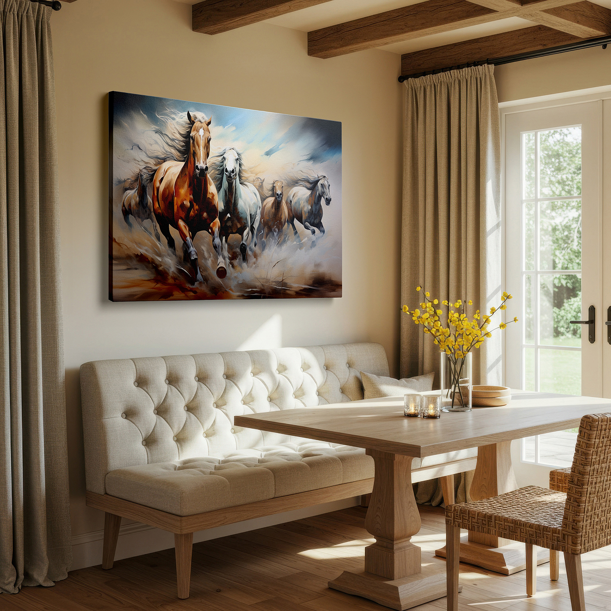 Available in 30×20 cm — a subtle addition to small personal spaces — desert sunset with galloping horses, large canvas wall art for office and bedroom decor