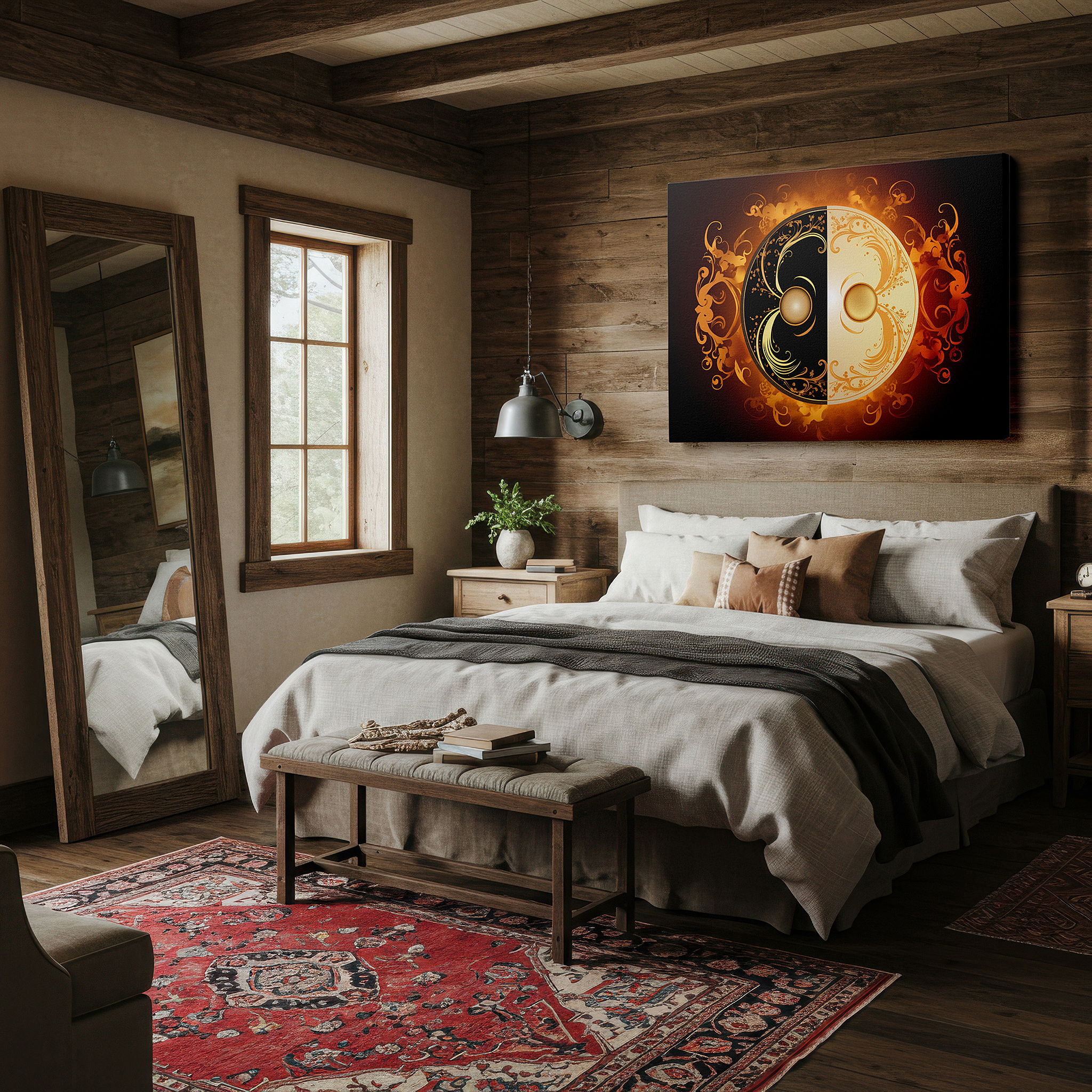 Available in 30×20 cm — a subtle addition to small personal spaces — elegant black and gold yin yang symbol wall art, celebrating balance and duality, ideal for office and bedroom decor, available in large canvas sizes