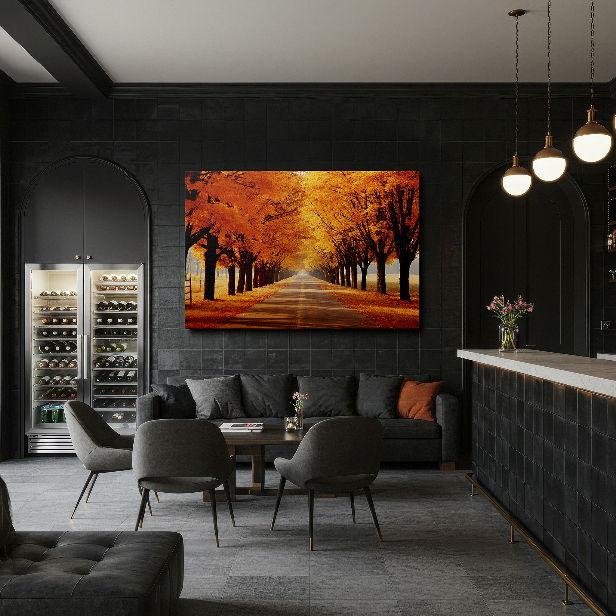 Available in 30×20 cm — a subtle addition to small personal spaces — enchanted autumn pathway - a vivid journey through fiery hues and serene landscapes: large wall art, canvas wall art, wall decor for office