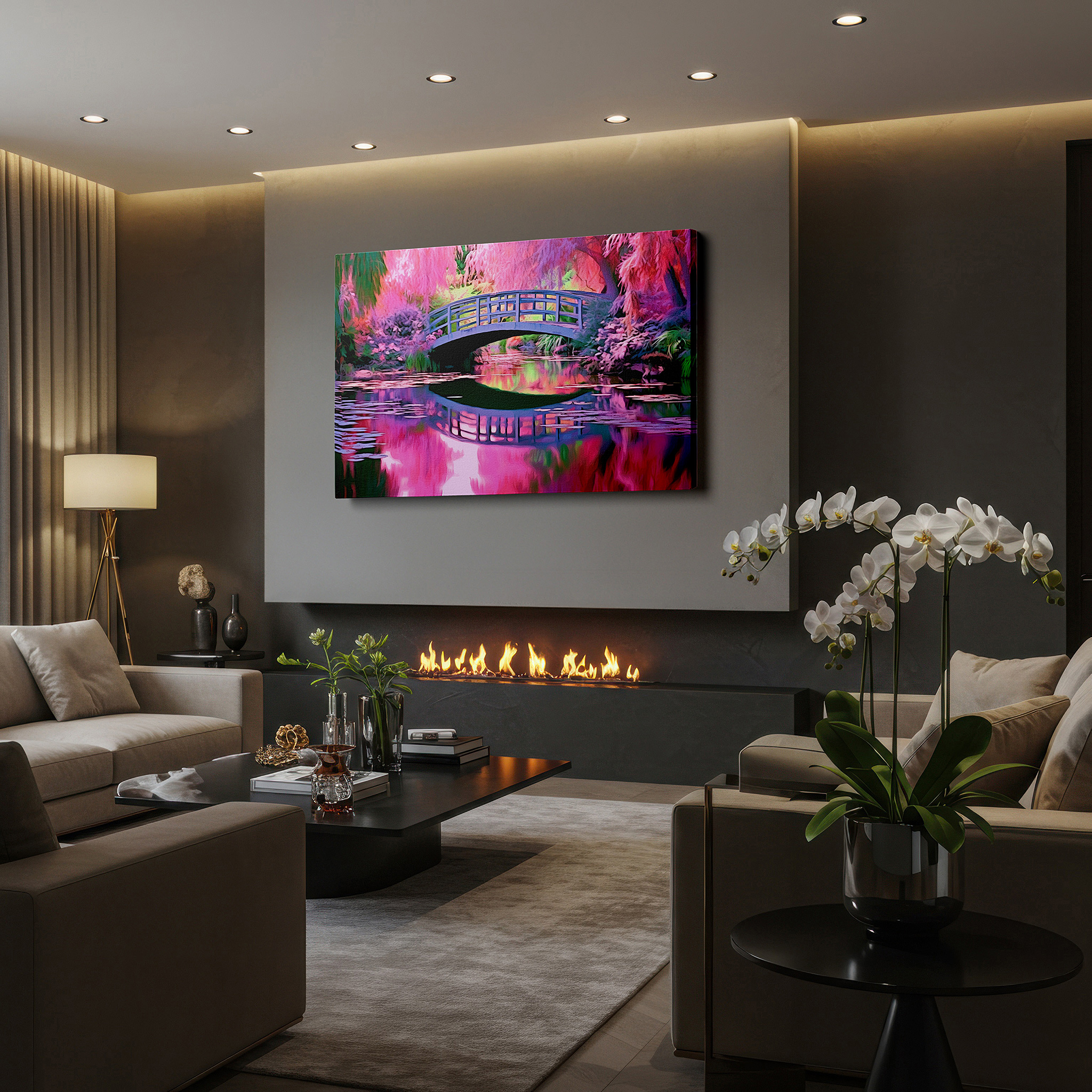 Available in 30×20 cm — a subtle addition to small personal spaces — enchanted bridge surrounded by vibrant trees: a tranquil reflection of natural beauty - large canvas wall art for office and bedroom decor