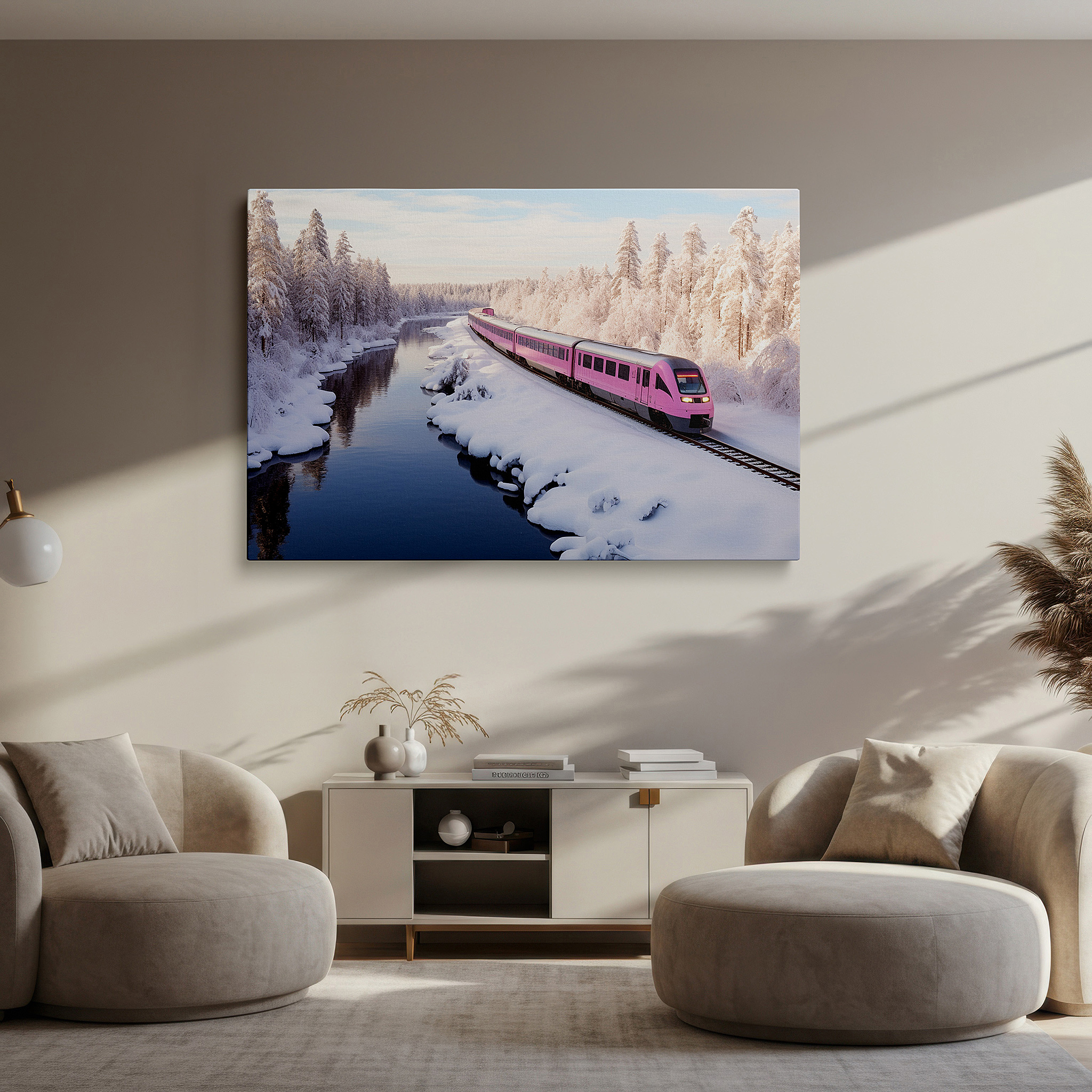 Available in 30×20 cm — a subtle addition to small personal spaces — explore a winter wonderland with a bright pink train: large canvas wall art for offices, bedrooms, and living rooms