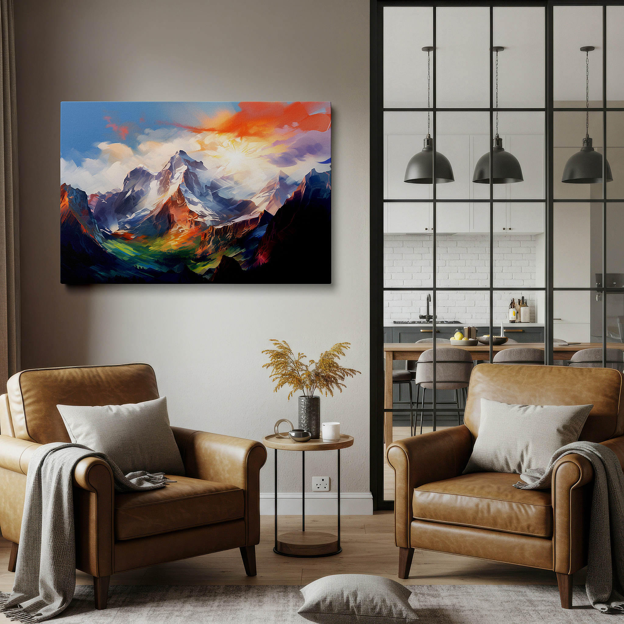 Available in 30×20 cm — a subtle addition to small personal spaces — fiery oranges and cool blues sunrise over snow-capped peaks large canvas wall art for office and bedroom decor