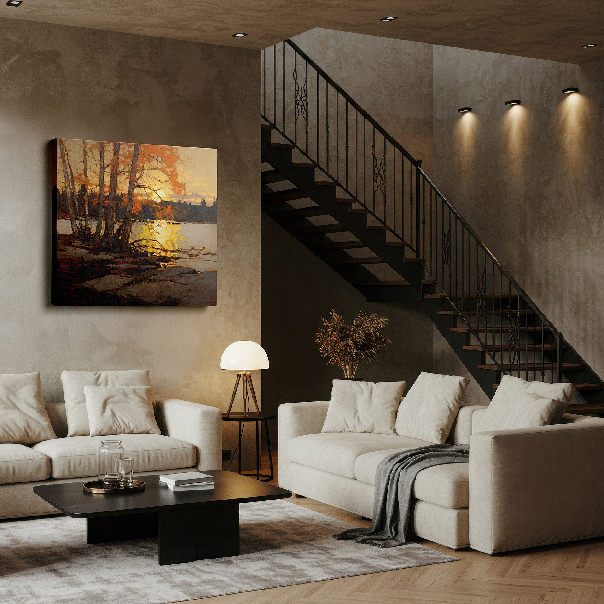 Available in 30×20 cm — a subtle addition to small personal spaces — golden autumn leaves reflected in a serene lake at sunset - large canvas wall art for office, bedroom, and living room decor