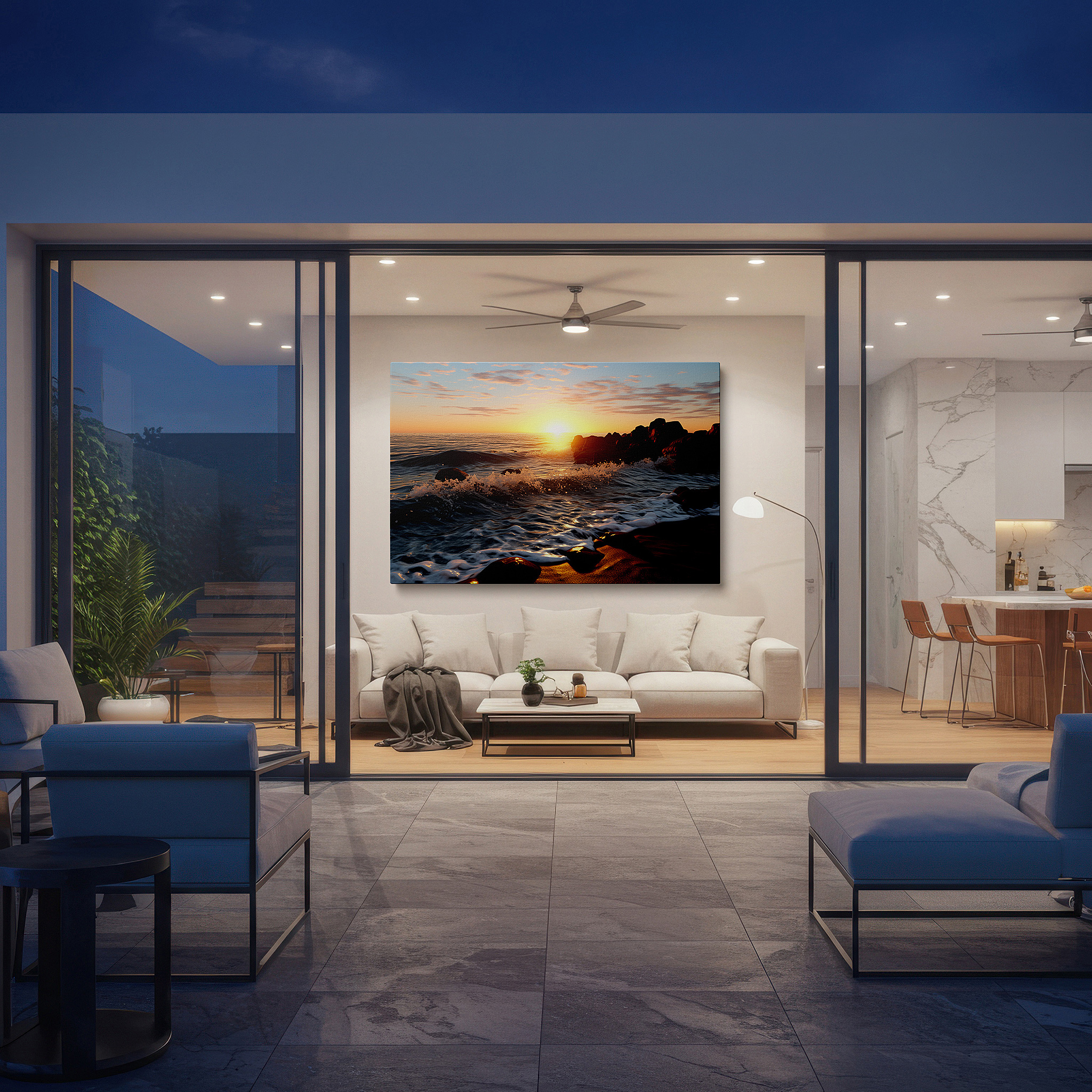 Available in 30×20 cm — a subtle addition to small personal spaces — golden sunset embrace over tranquil sea - serene coastal symphony large wall art, canvas wall art, wall decor for office and bedroom