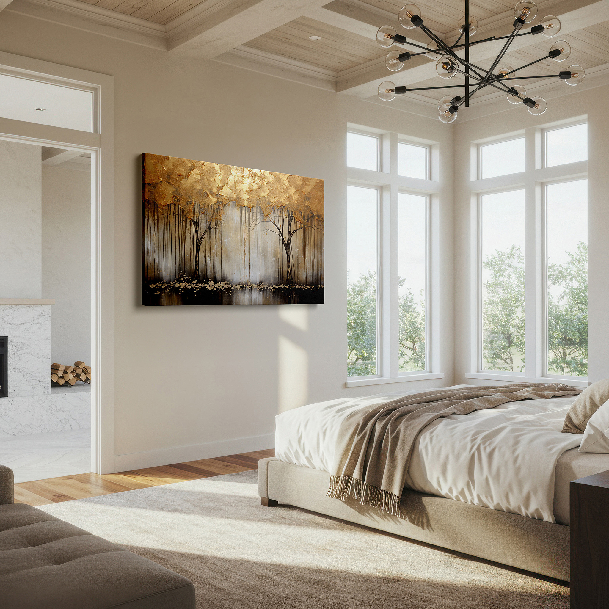 Available in 30×20 cm — a subtle addition to small personal spaces — golden trees against black: a display of resilience and radiance - large wall art for offices, bedrooms, and living spaces
