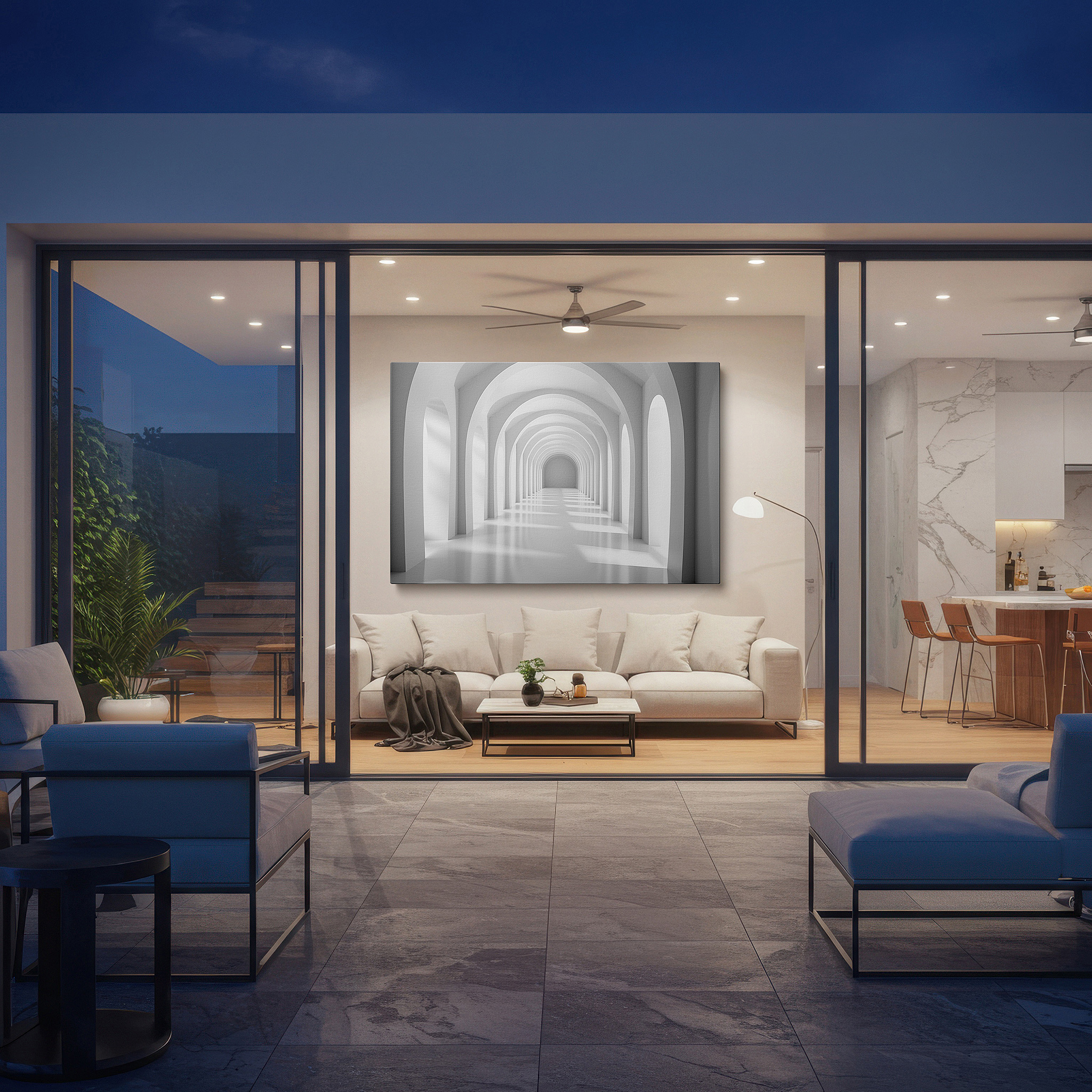 Available in 30×20 cm — a subtle addition to small personal spaces — gradient-shaded architectural arches elevate minimalist corridor with ethereal light play, featuring large wall art for office decor
