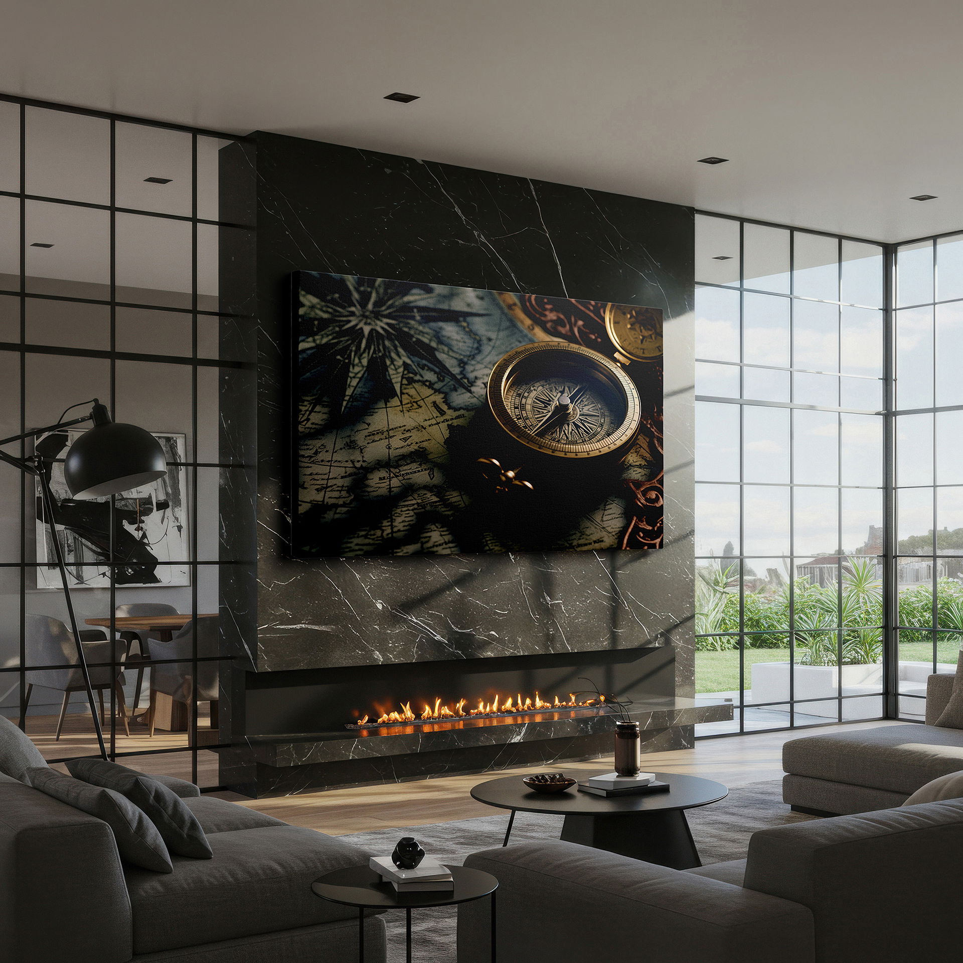 Available in 30×20 cm — a subtle addition to small personal spaces — historical exploration tribute: vintage compass and aged map - large canvas wall art for office decor, embracing the allure of adventure