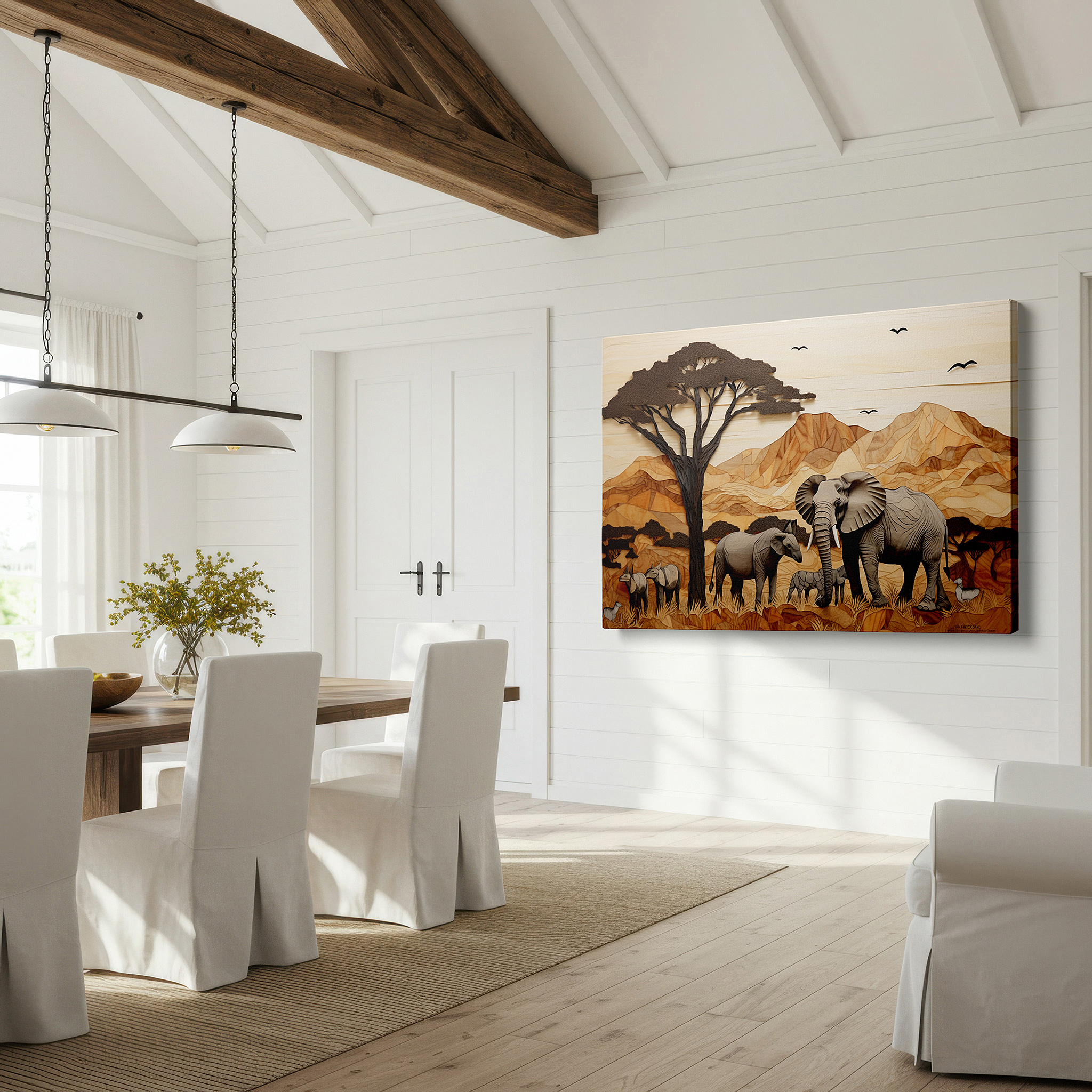 Available in 30×20 cm — a subtle addition to small personal spaces — majestic elephants among green mountains and dense trees, serene family carved wood scene, large wall art, canvas wall art, wall decor for office