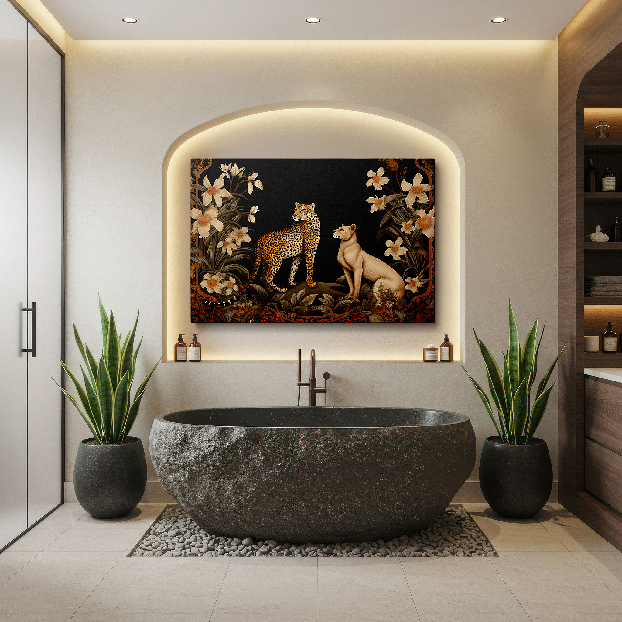 Available in 30×20 cm — a subtle addition to small personal spaces — majestic leopard and lioness among vibrant florals - celebrating wildlife harmony and conservation, large canvas wall art decor