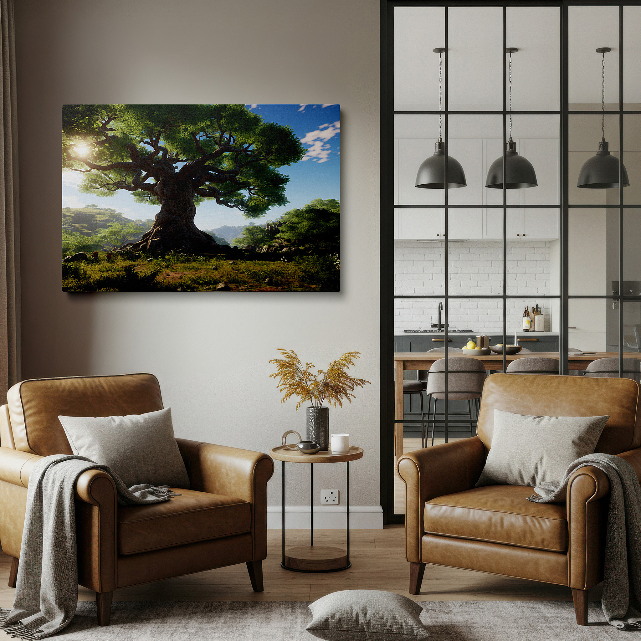 Available in 30×20 cm — a subtle addition to small personal spaces — majestic tree amid green scenery under blue sky large wall art, canvas wall art, wall decor for office, bedroom, and living room
