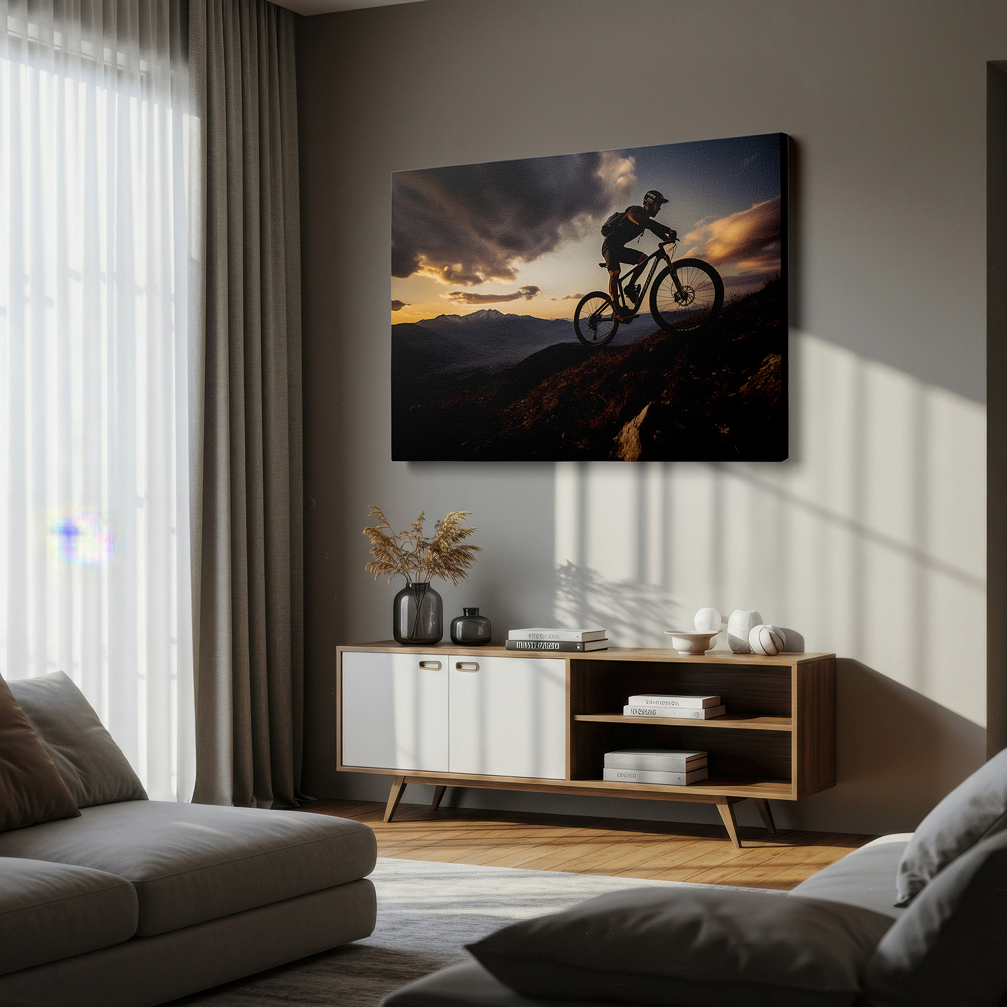 Available in 30×20 cm — a subtle addition to small personal spaces — mountain biker against sunset glow: celebrating outdoor thrills and challenges - large canvas wall art for home and office decor