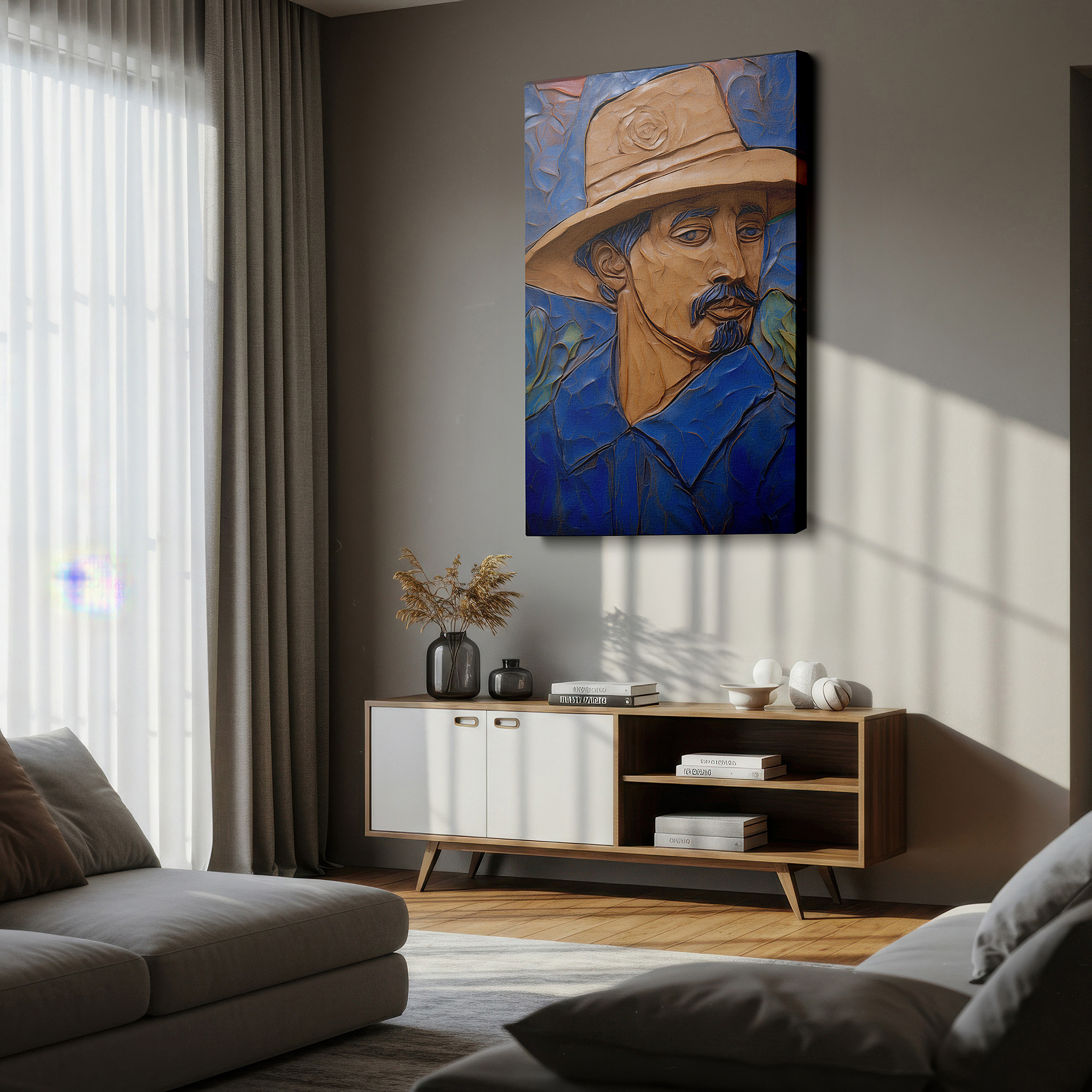 Available in 30×20 cm — a subtle addition to small personal spaces — the mysterious gentleman in a broad-brimmed hat: exploring textural contrasts and emotional depths - large wall art, canvas wall art, wall decor for office