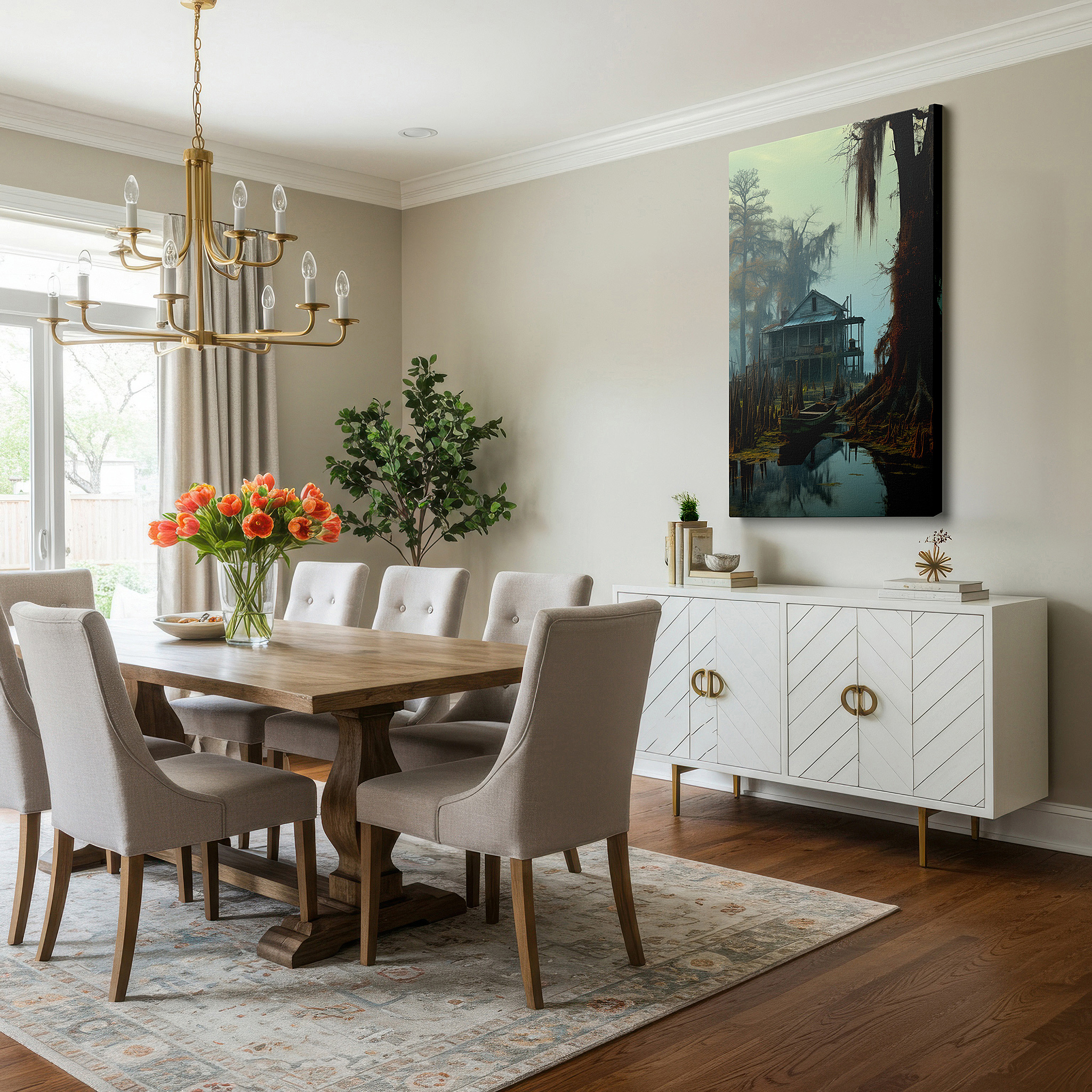 Available in 30×20 cm — a subtle addition to small personal spaces — mystical dawn in the swamp: ethereal fog and ancient cypress trees - large wall art, canvas wall art, wall decor for office and bedroom
