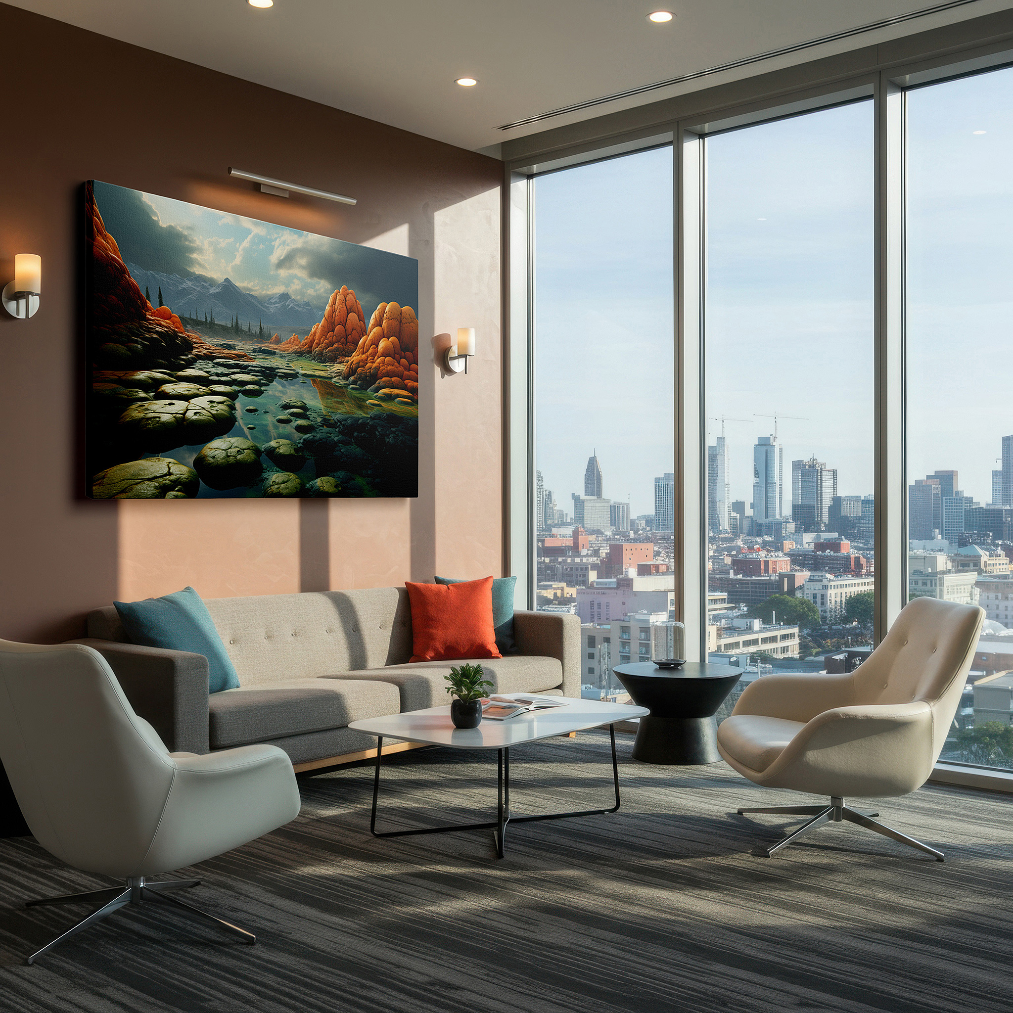 Available in 30×20 cm — a subtle addition to small personal spaces — mystical landscape featuring curved rock structures and foggy hot springs, large canvas wall art for home and office decor