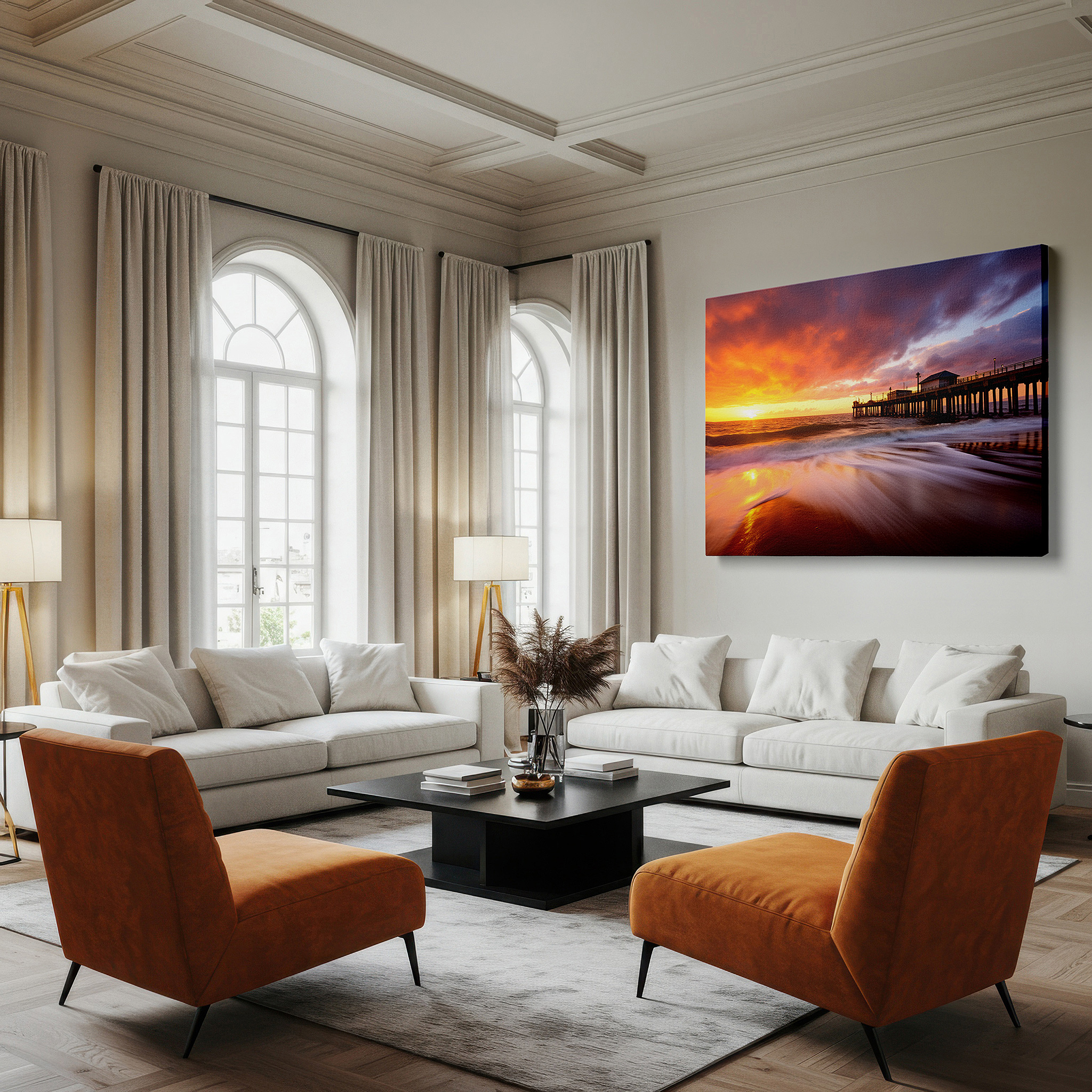 Available in 30×20 cm — a subtle addition to small personal spaces — ocean pier sunset serenade: large canvas wall art featuring golden sands and gentle waves, ideal for office wall decor
