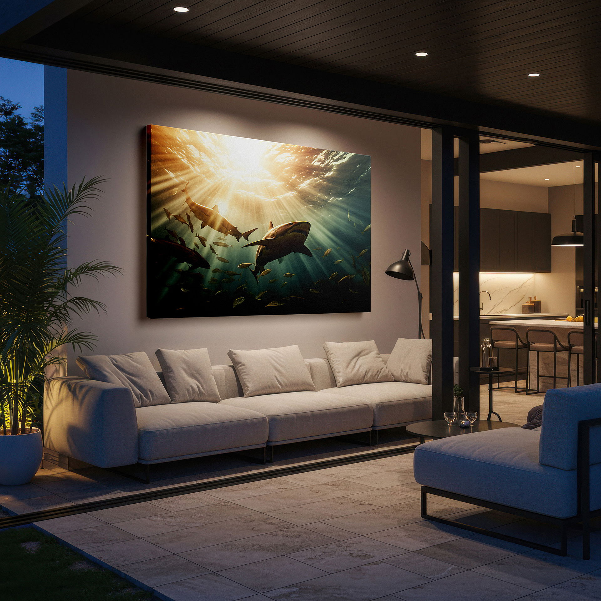 Available in 30×20 cm — a subtle addition to small personal spaces — ocean serenity: sunlit sharks and colorful marine life - large canvas wall art for office, bedroom, and living room decor