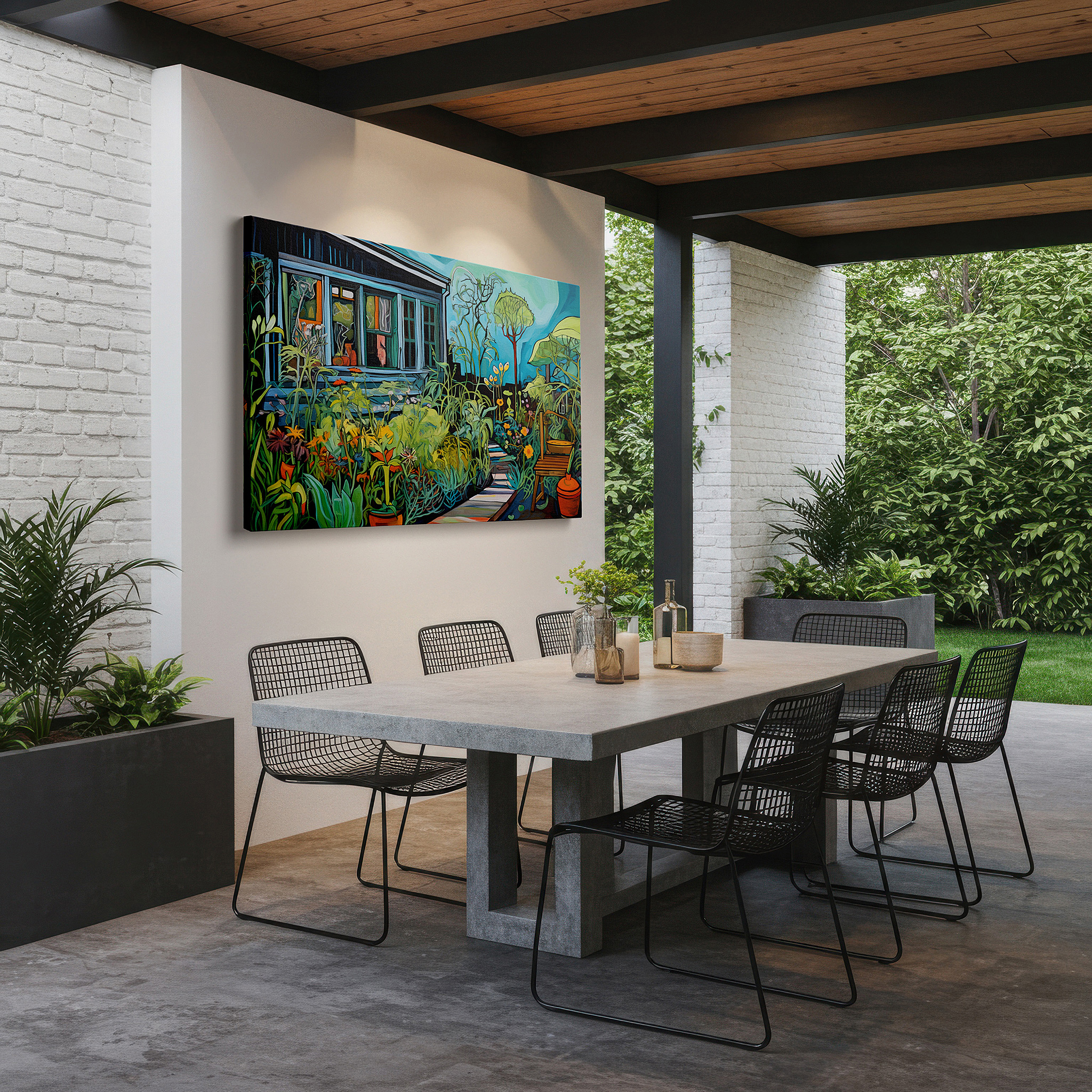 Available in 30×20 cm — a subtle addition to small personal spaces — peaceful blue house surrounded by lively garden flowers exudes calm and security large wall art, canvas wall art, wall decor, office wall art