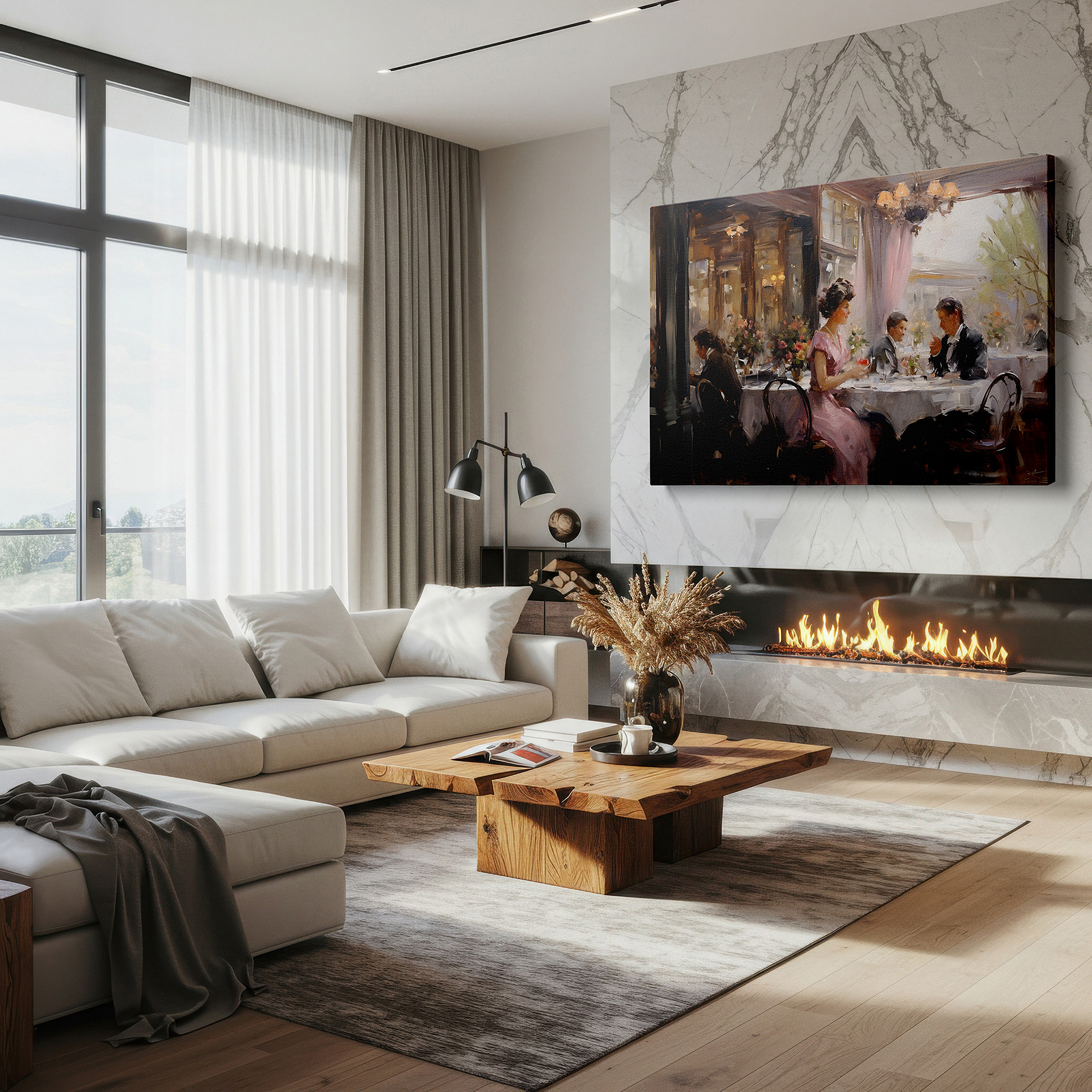 Available in 30×20 cm — a subtle addition to small personal spaces — refined dining atmosphere illustrated in lively restaurant setting with detailed artistry and cozy ambiance - large wall art, canvas wall art