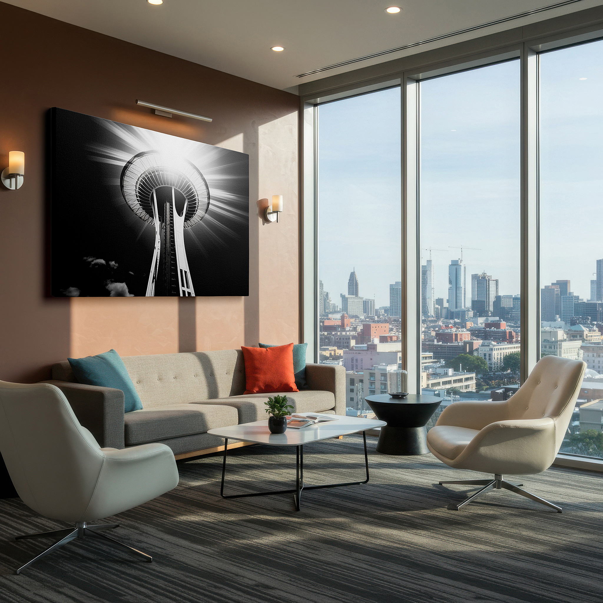 Available in 30×20 cm — a subtle addition to small personal spaces — seattle space needle in dramatic black and white: a masterful interplay of light and shadow, large canvas wall art for office decor