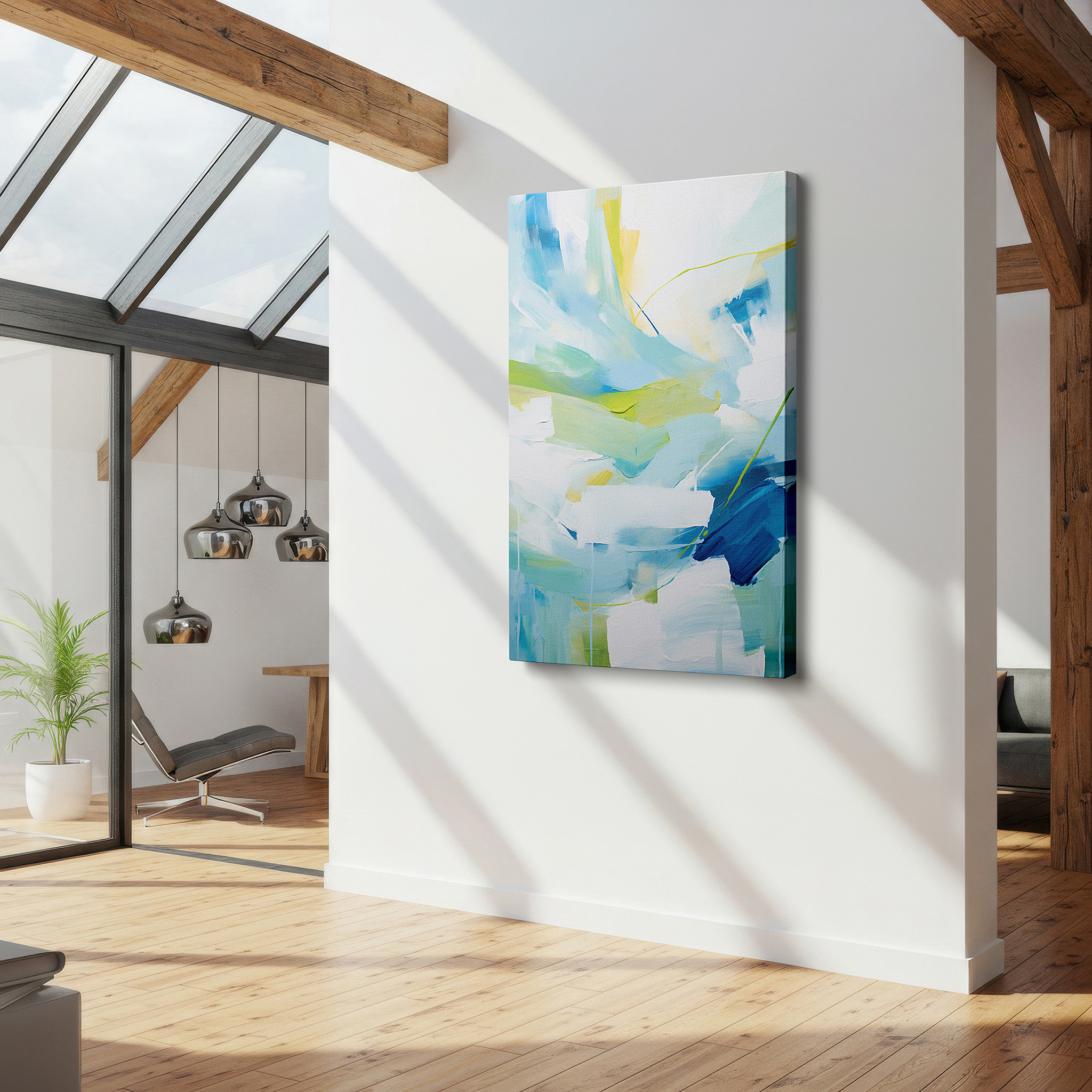 Available in 30×20 cm — a subtle addition to small personal spaces — serene abstract art in soft blues and greens for peaceful spaces, large canvas wall art for office, bedroom, and living room decor