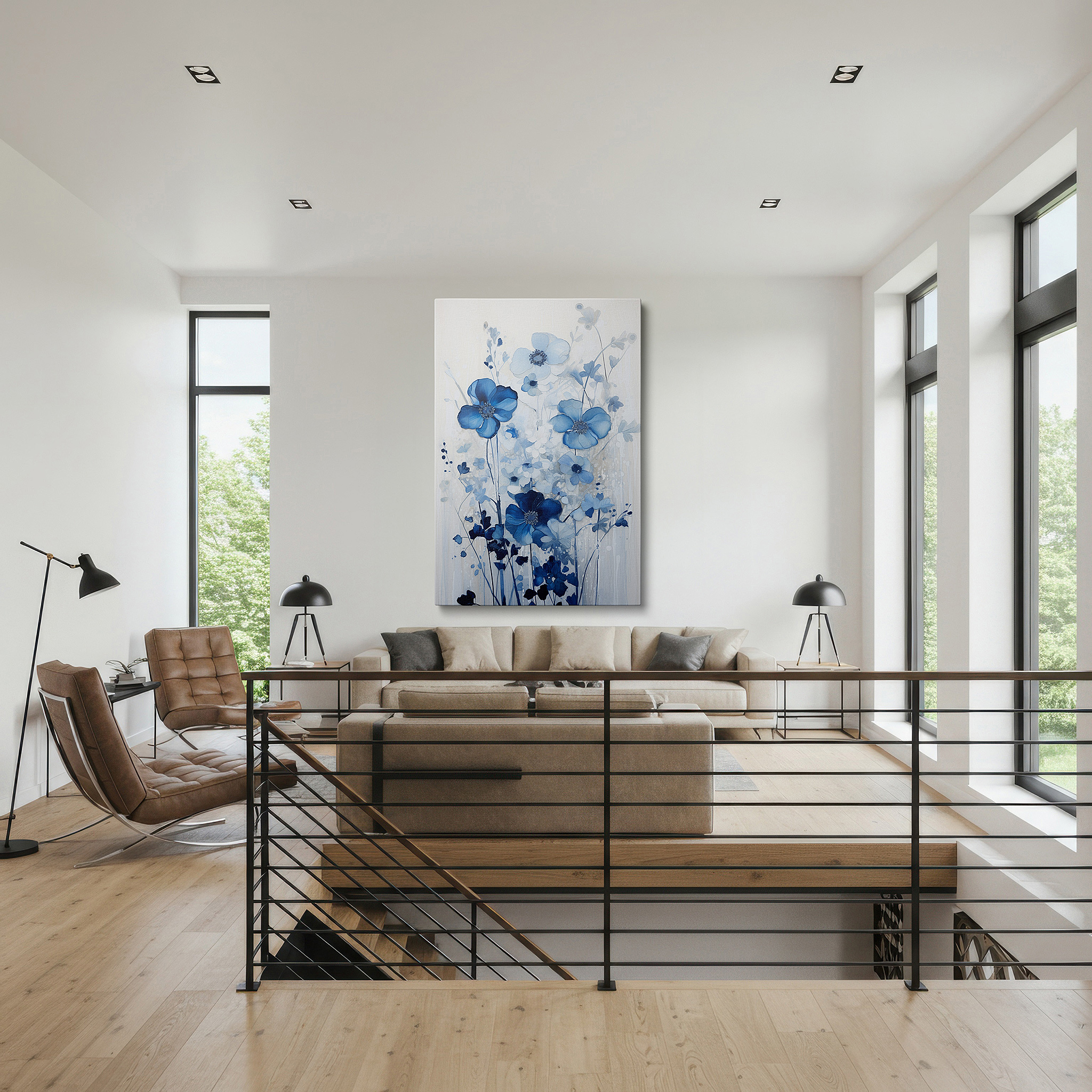 Available in 30×20 cm — a subtle addition to small personal spaces — serene blue floral elegance: large canvas wall art featuring nature's subtle beauty for office, bedroom, and living room decor
