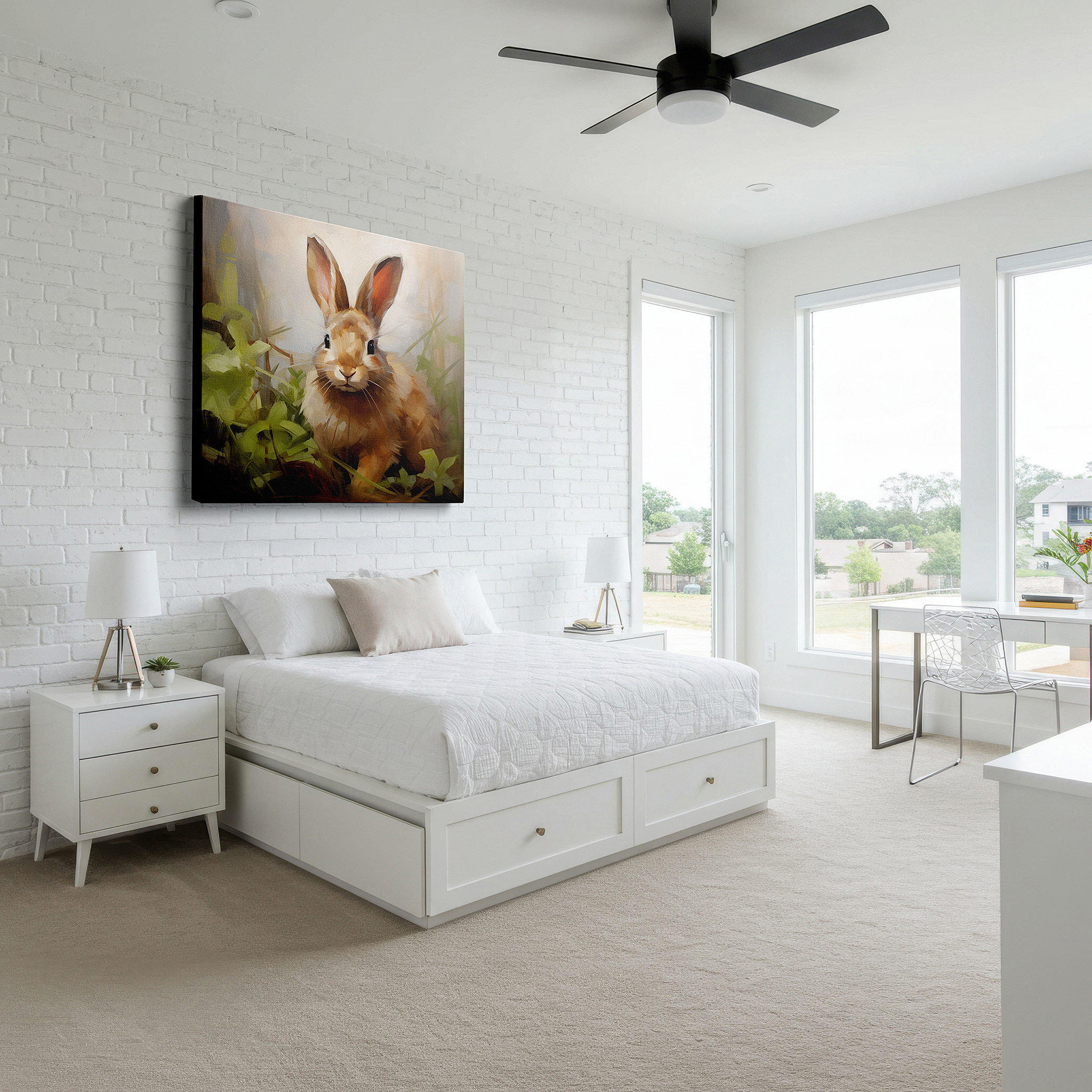 Available in 30×20 cm — a subtle addition to small personal spaces — serene brown rabbit amidst lush greenery: tranquil wildlife large wall art, canvas decor for office and bedroom