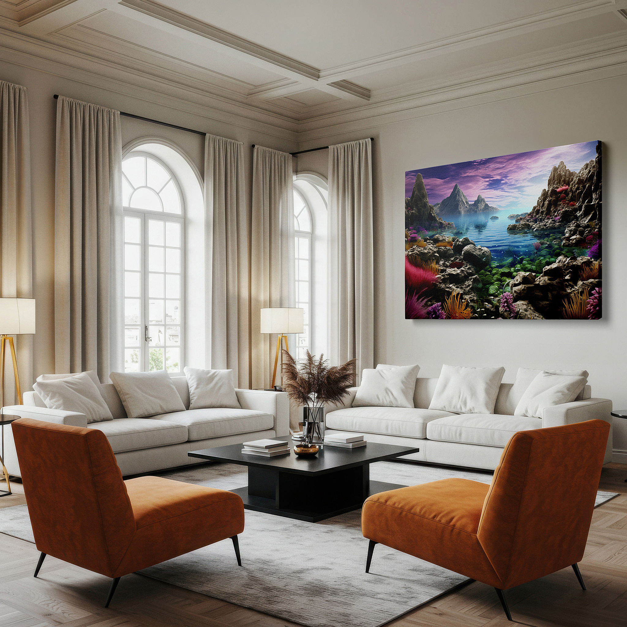 Available in 30×20 cm — a subtle addition to small personal spaces — serene coastal scene with verdant vegetation and tranquil waters: large canvas wall art for office, bedroom, and living room decor