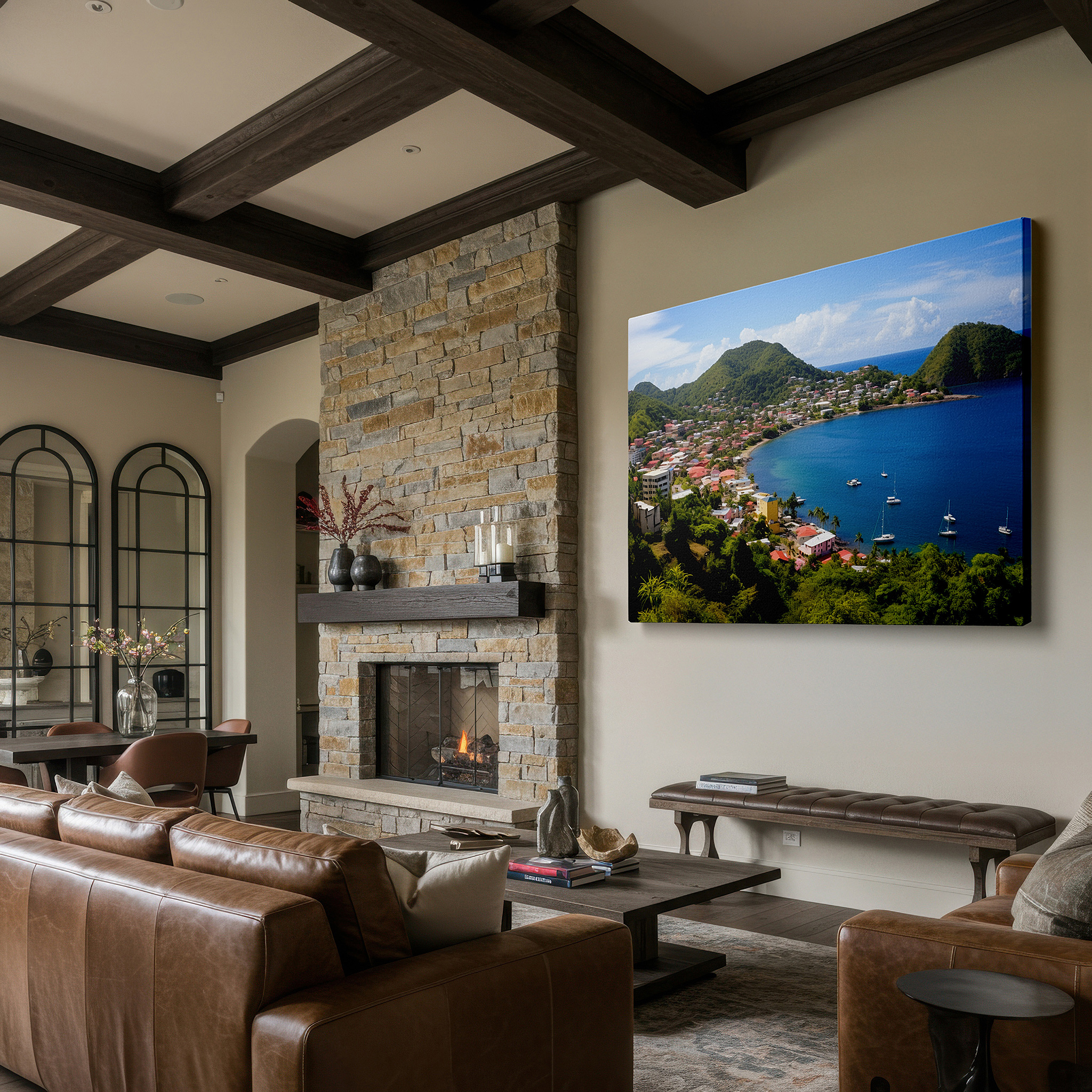 Available in 30×20 cm — a subtle addition to small personal spaces — serene coastal village with lush green hills and shimmering blue bay large wall art, canvas wall art, wall decor for office and bedroom