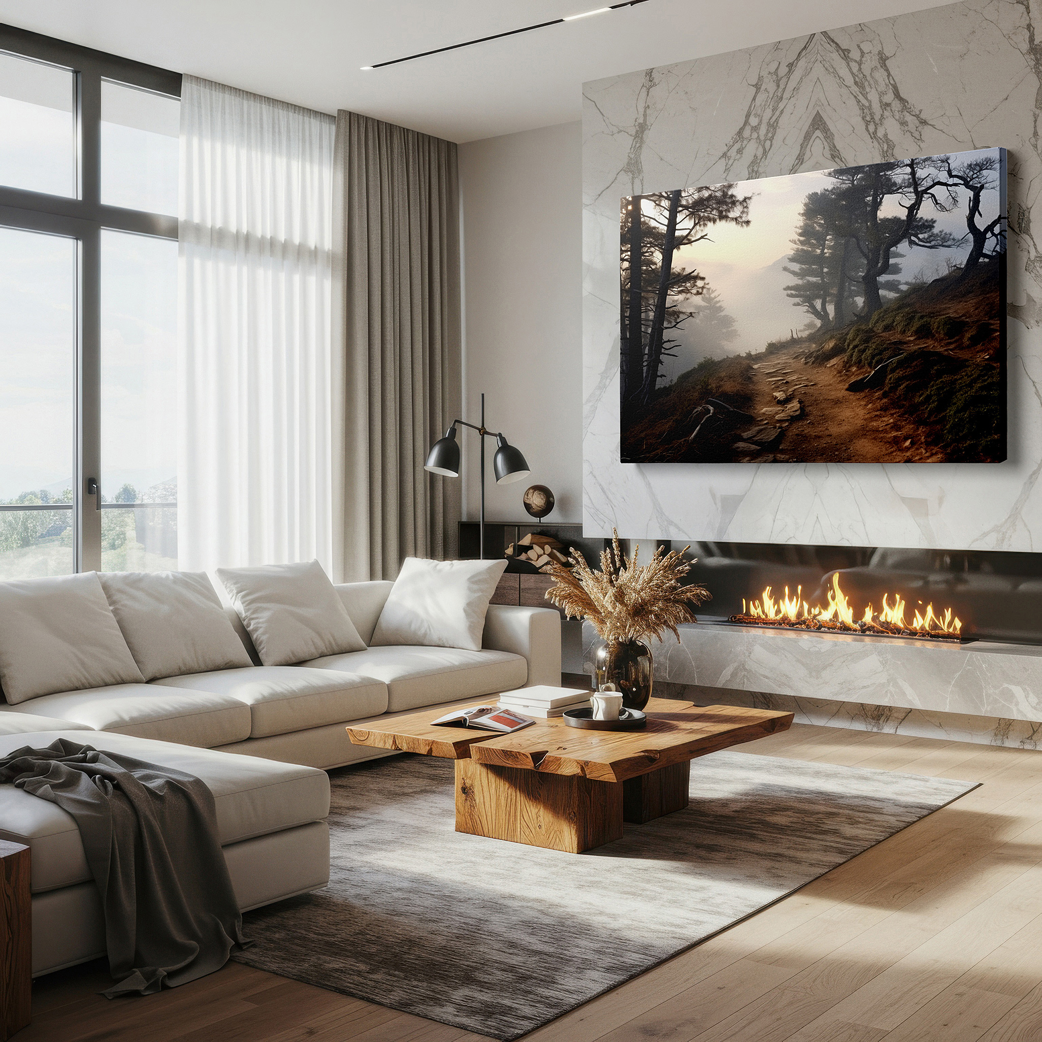 Available in 30×20 cm — a subtle addition to small personal spaces — serene dawn forest path: a tranquil journey through mist-shrouded trees - large canvas wall art for office decor