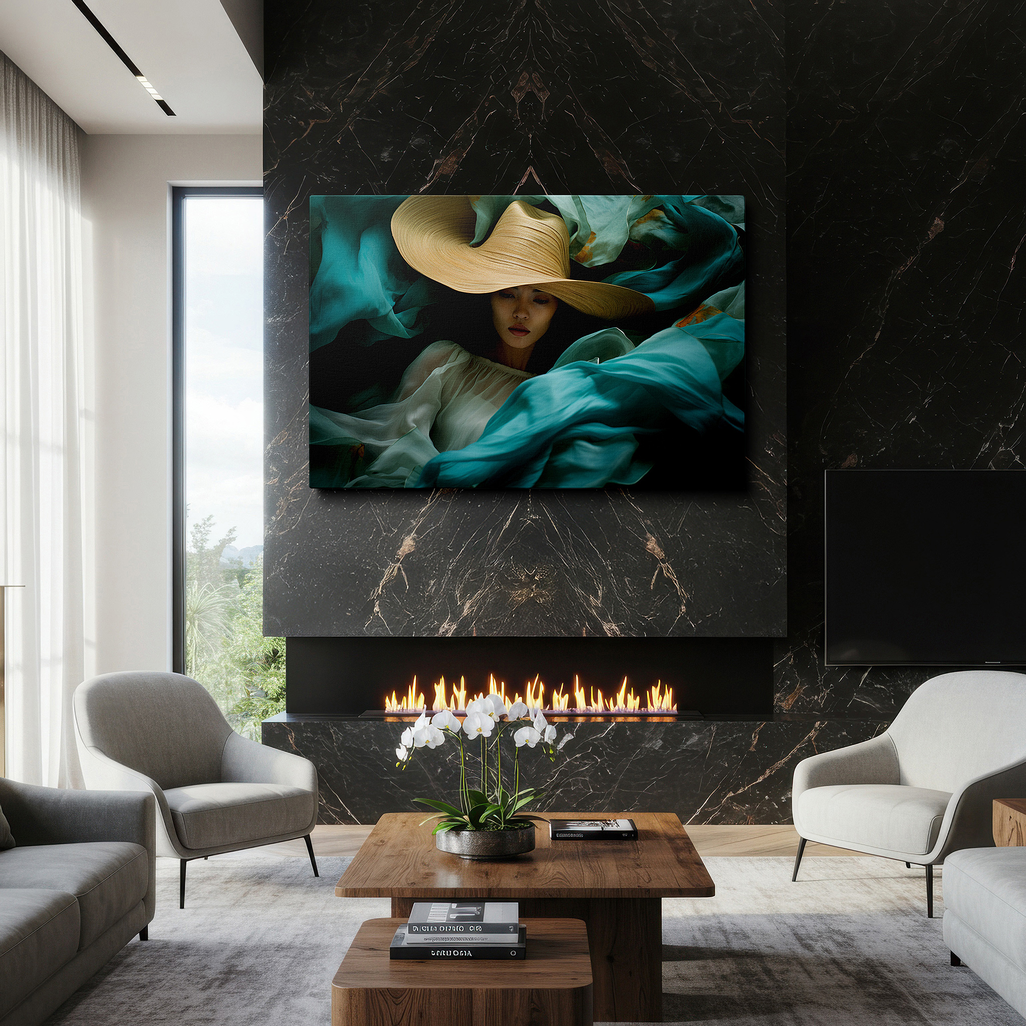 Available in 30×20 cm — a subtle addition to small personal spaces — serene elegance in green: tranquil woman and nature embrace - large canvas wall art for office, bedroom, and living room decor