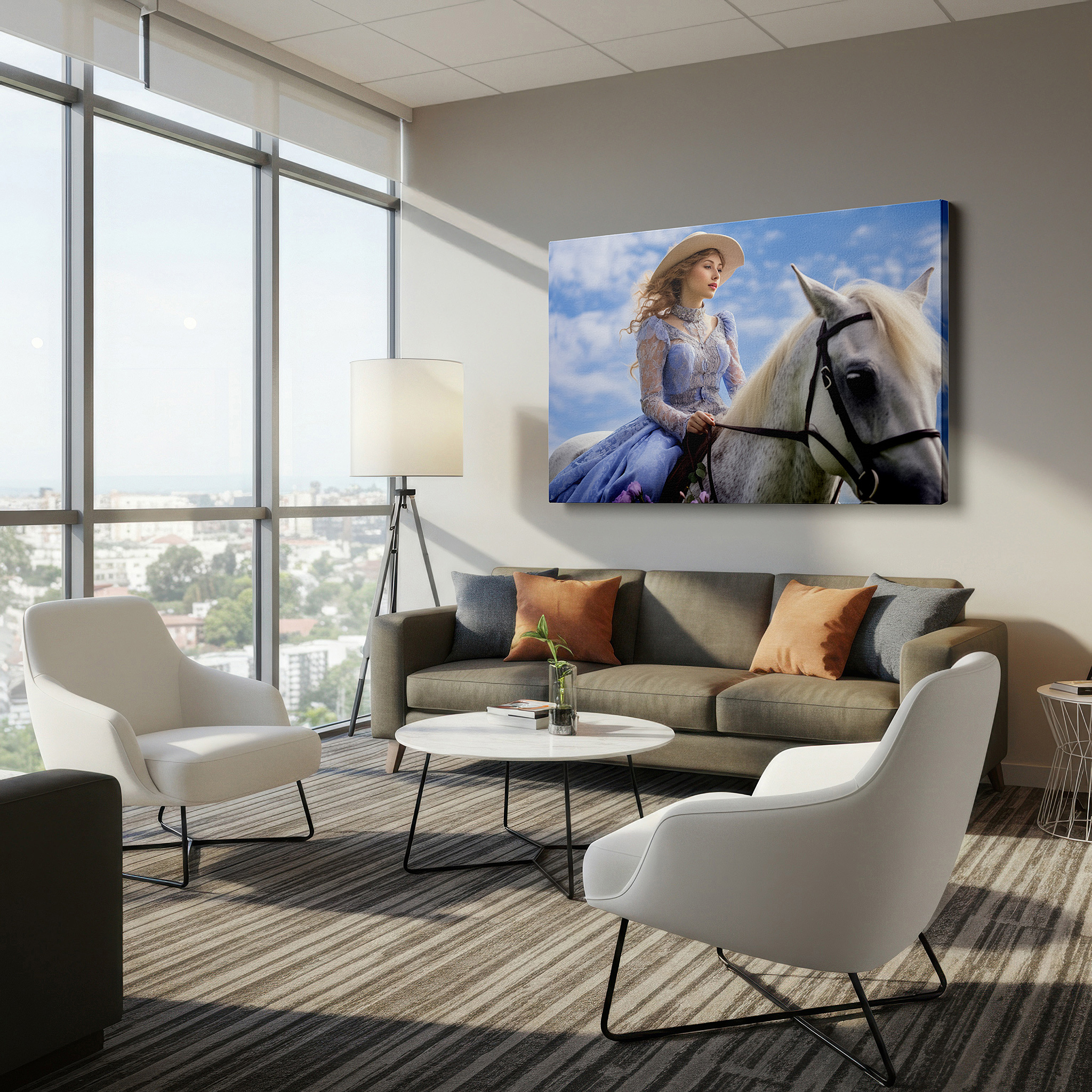 Available in 30×20 cm — a subtle addition to small personal spaces — serene elegance of a young woman in blue on a majestic white horse: large canvas wall art for office and bedroom decor