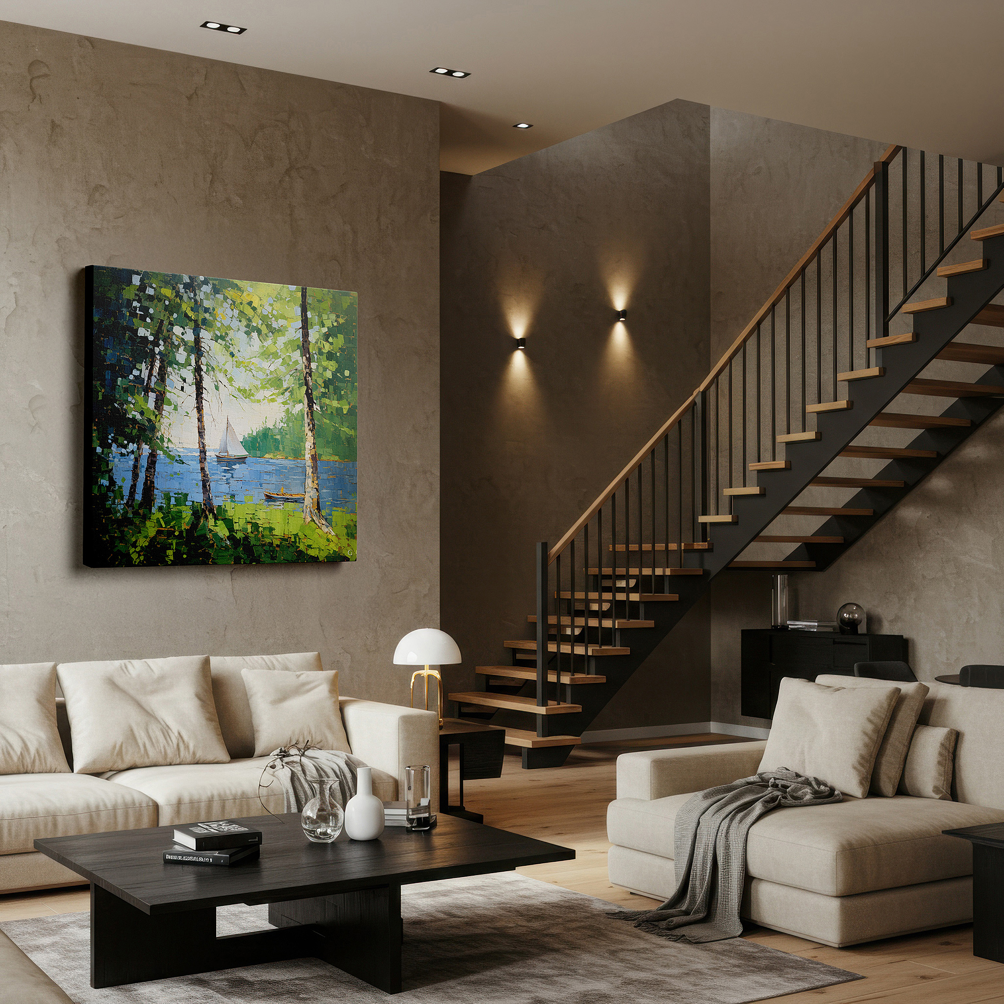 Available in 30×20 cm — a subtle addition to small personal spaces — serene forest and sailboat scene, vibrant nature and adventure-themed large canvas wall art for office decor