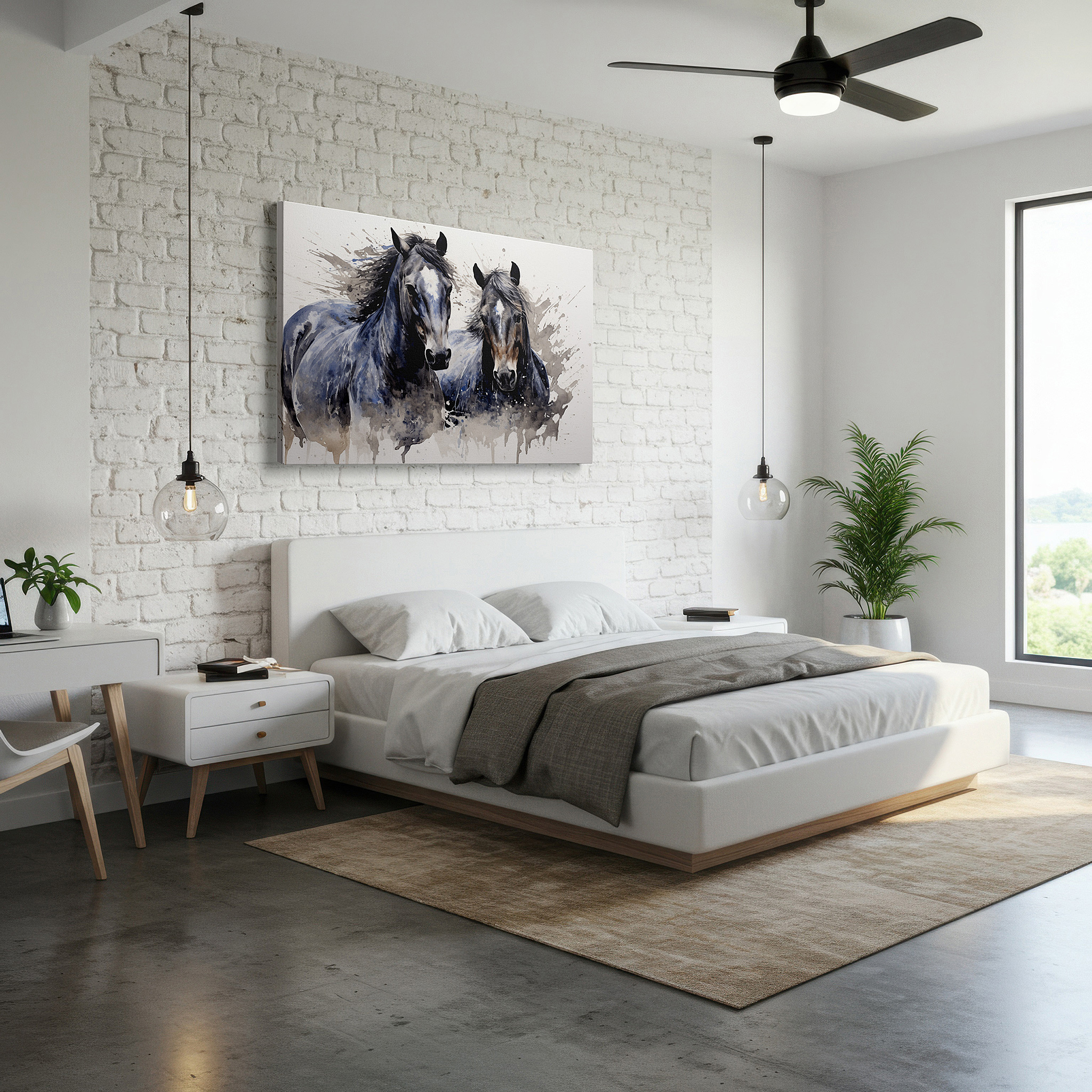 Available in 30×20 cm — a subtle addition to small personal spaces — serene gray horses in peaceful harmony: elegant and calm large wall art, canvas wall art, wall decor for office