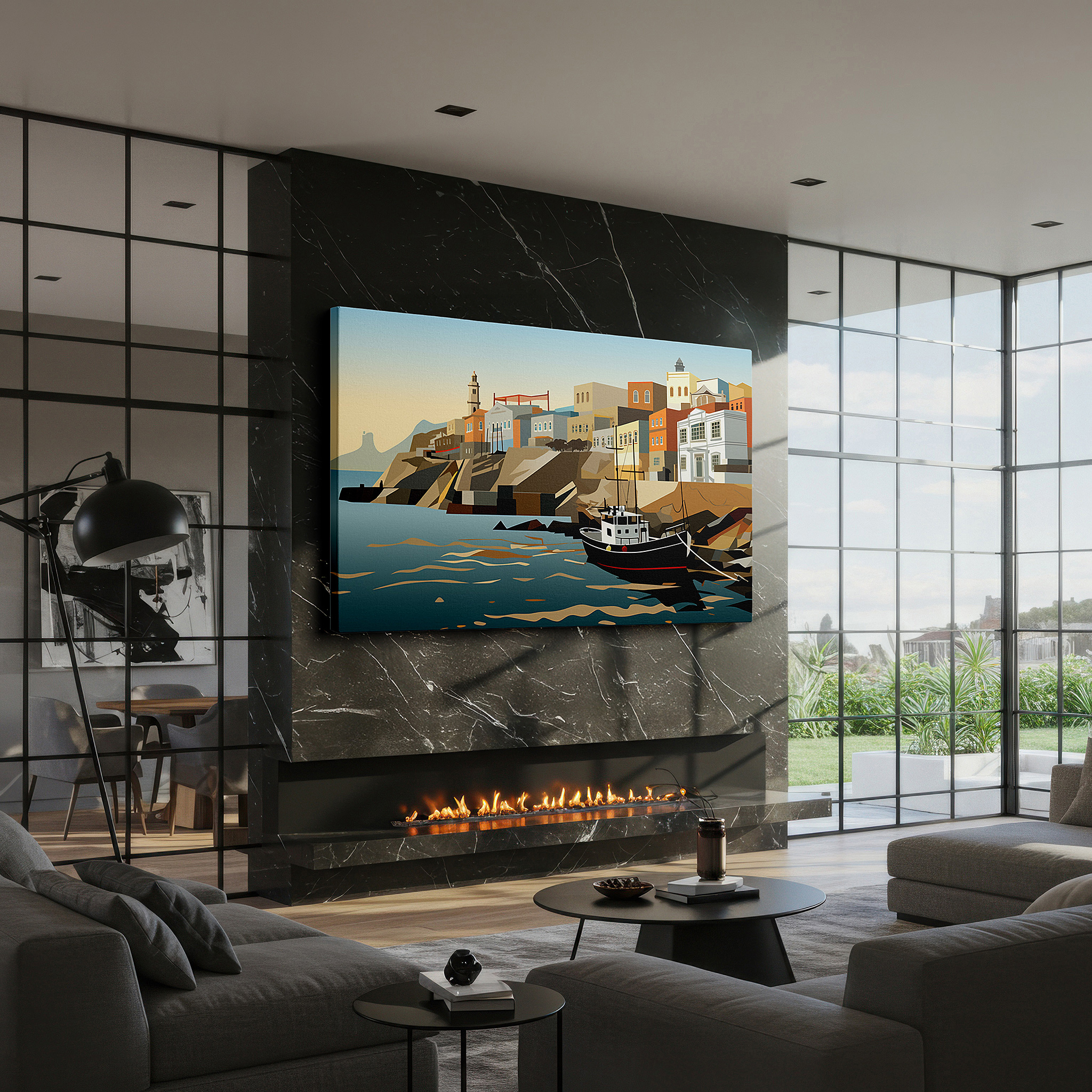 Available in 30×20 cm — a subtle addition to small personal spaces — serene harbor scene with classic boat and vibrant waterfront buildings - large canvas wall art for home and office decor