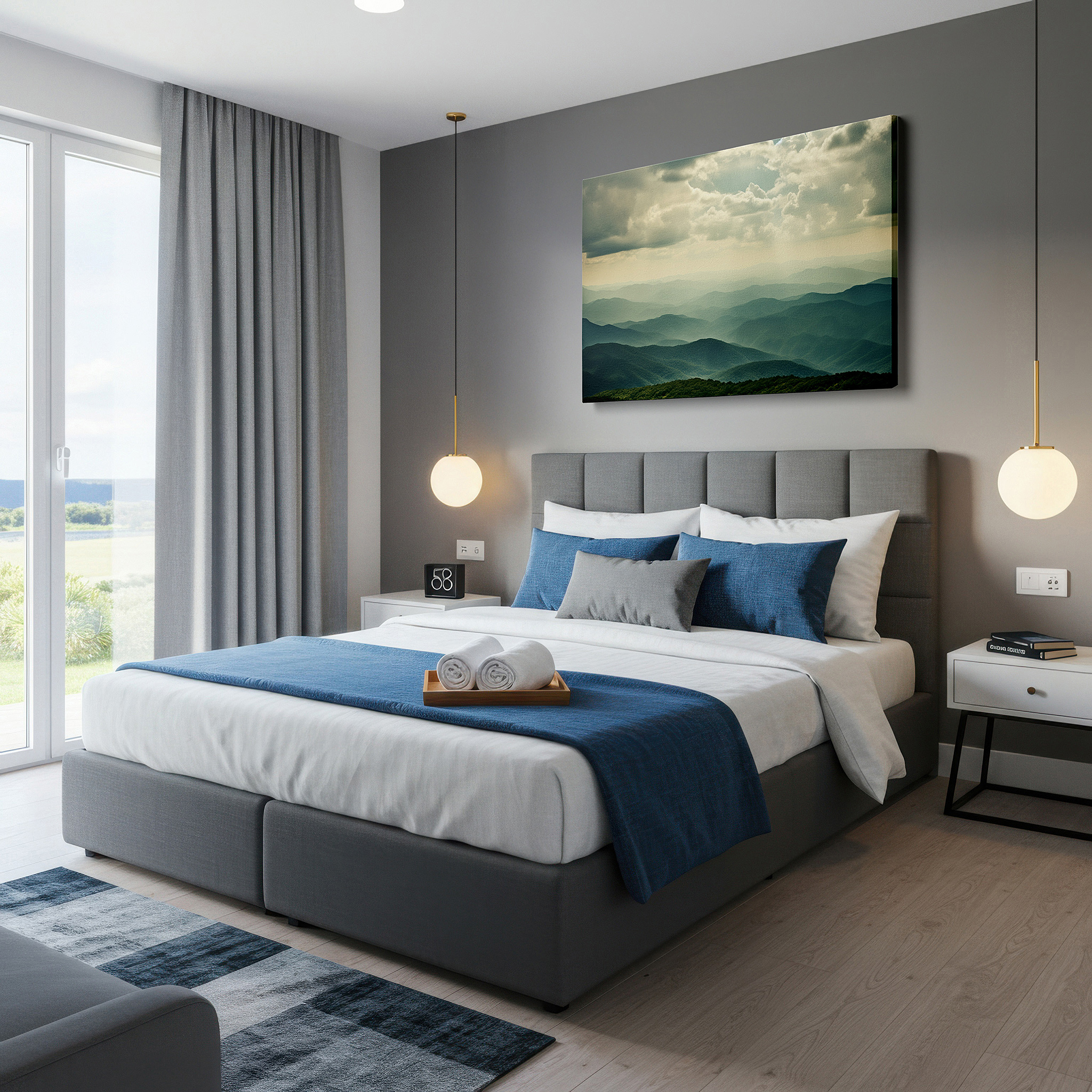 Available in 30×20 cm — a subtle addition to small personal spaces — serene mountain layers illuminated by celestial light, large canvas wall art for office, bedroom, and living room decor